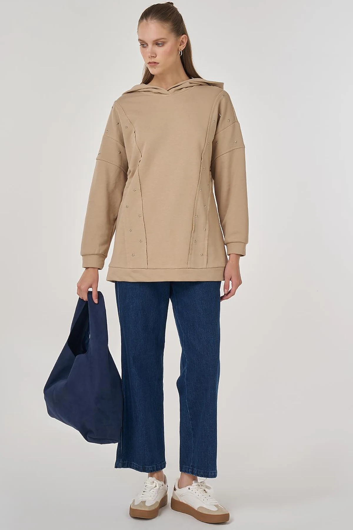 Triple-Knit Sweatshirt with Stitch Details in Beige