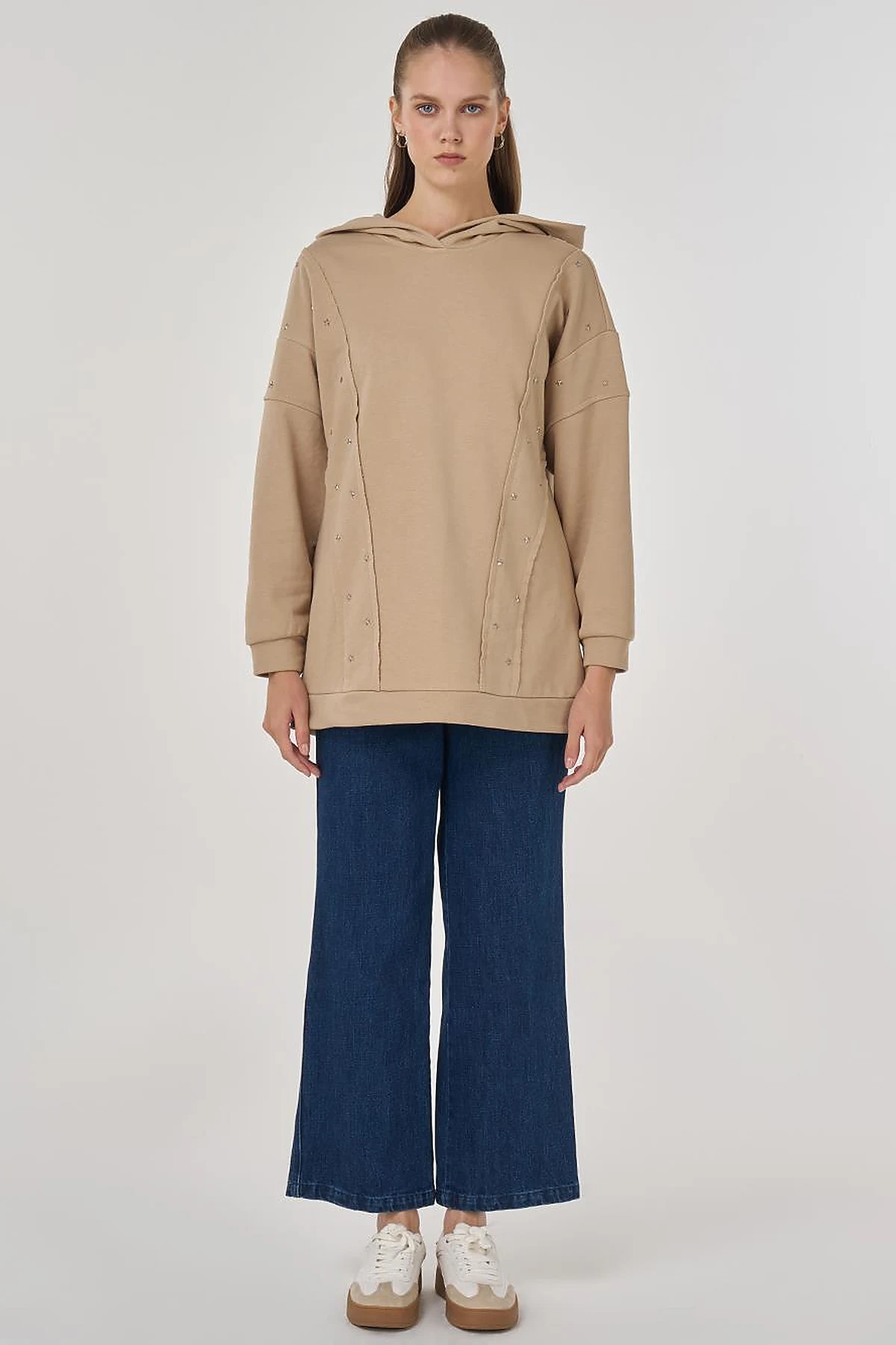Triple-Knit Sweatshirt with Stitch Details in Beige