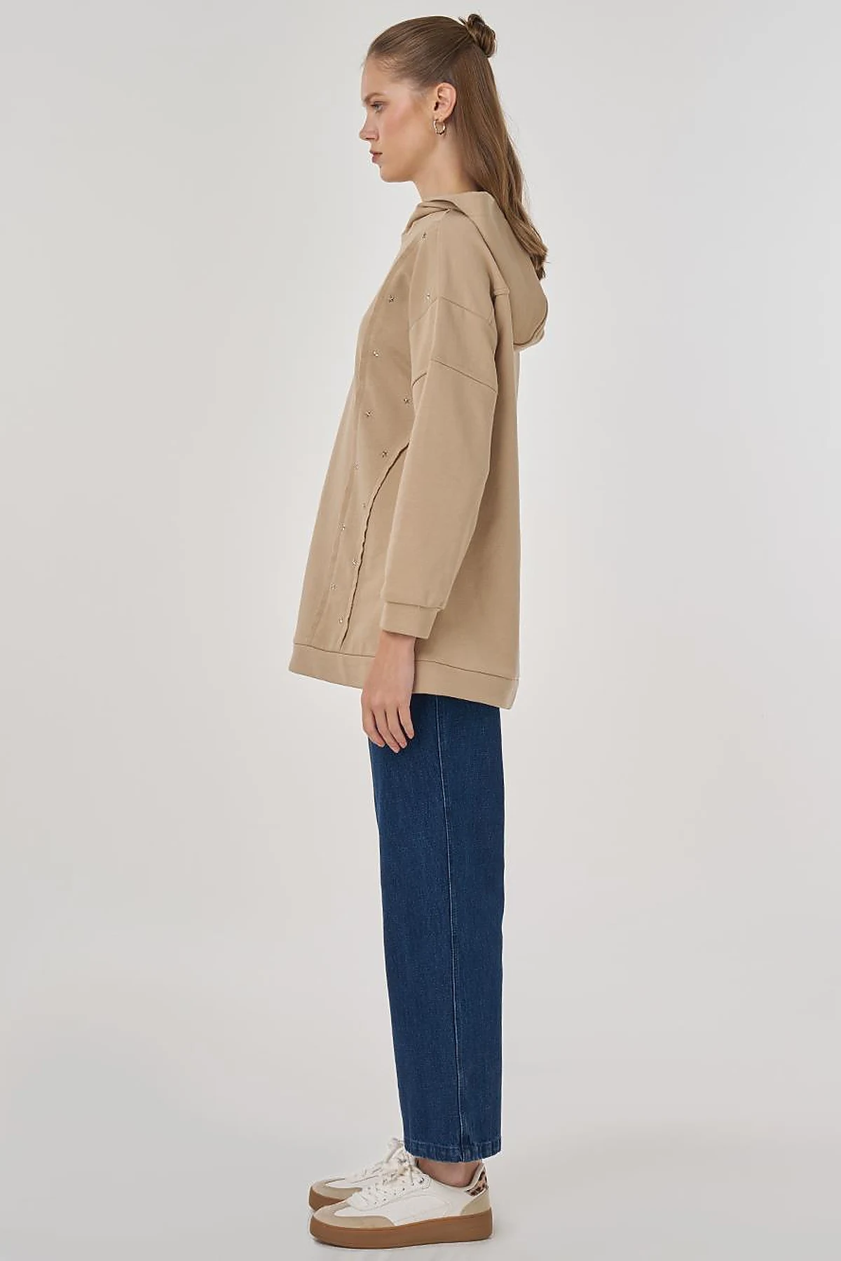Triple-Knit Sweatshirt with Stitch Details in Beige