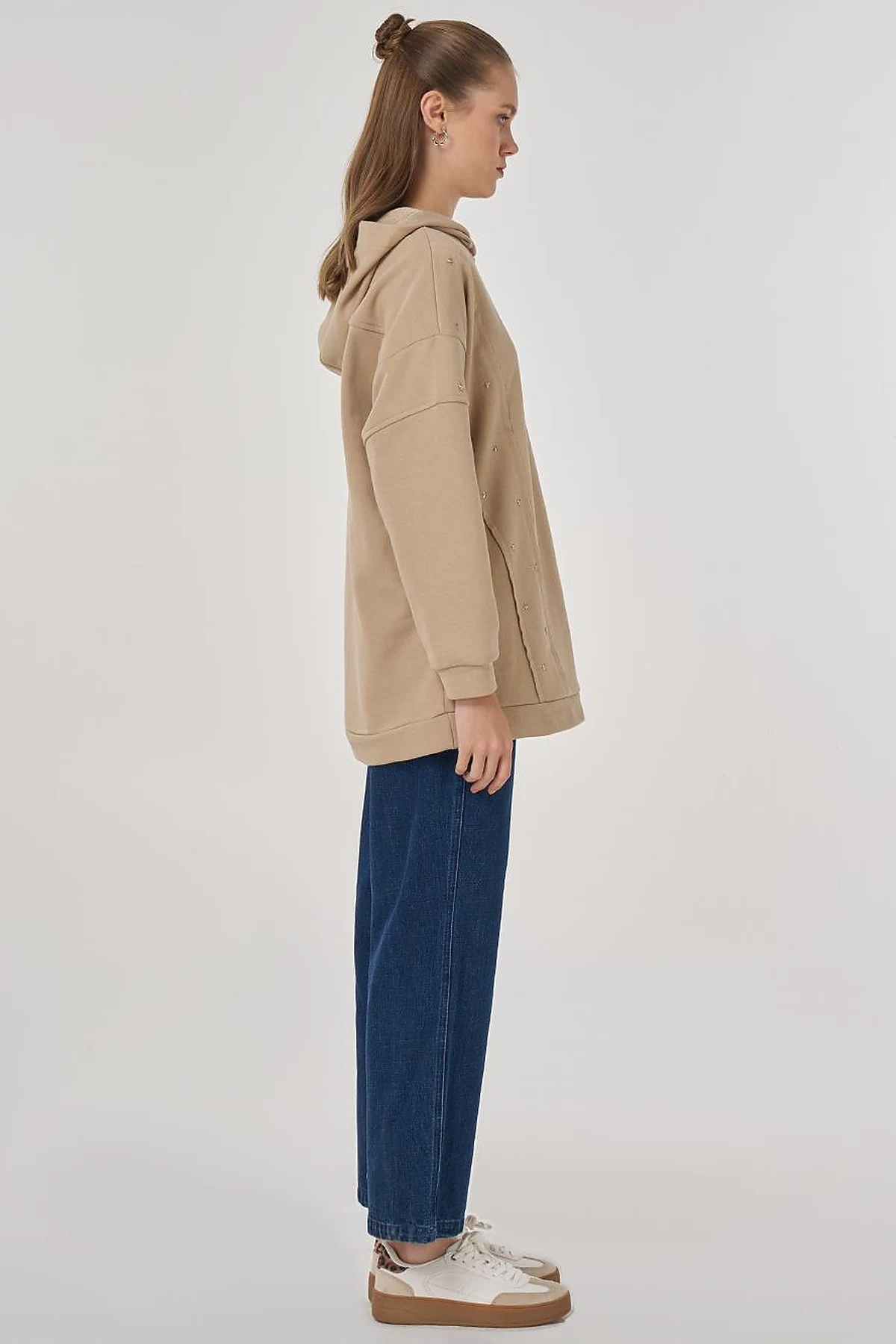 Triple-Knit Sweatshirt with Stitch Details in Beige