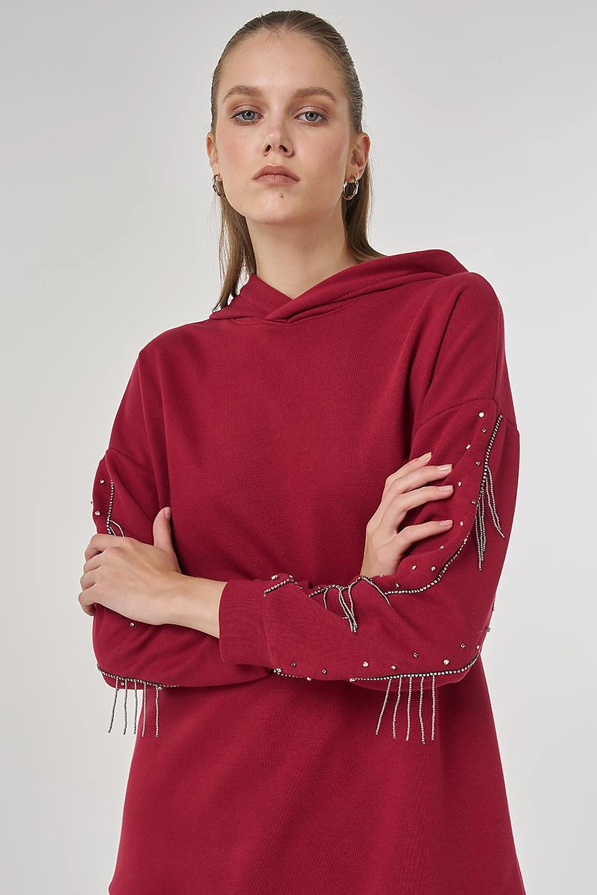 Hooded Three-Thread Sweatshirt in Burgundy