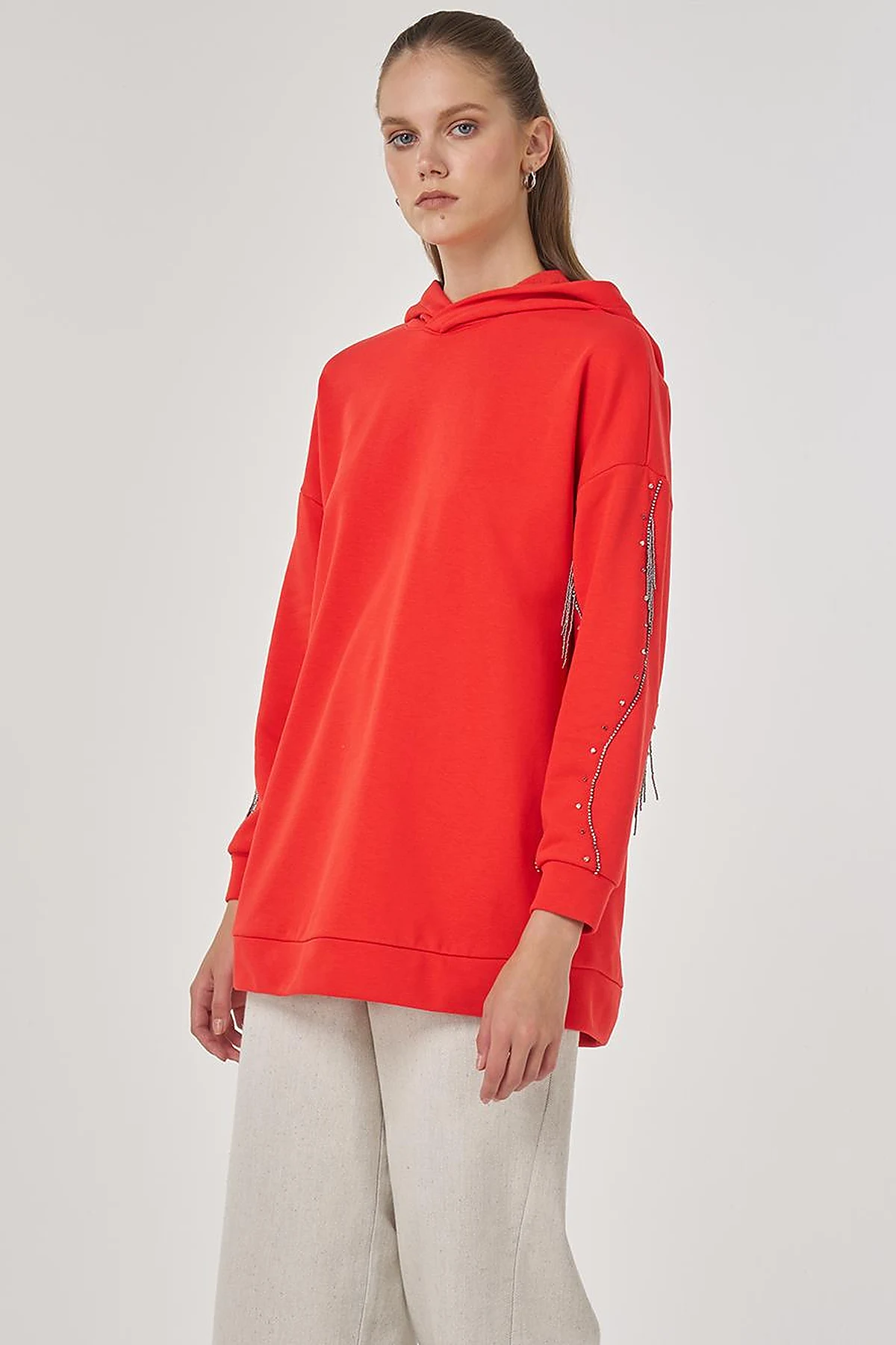 Hooded Three-Thread Sweatshirt in Red