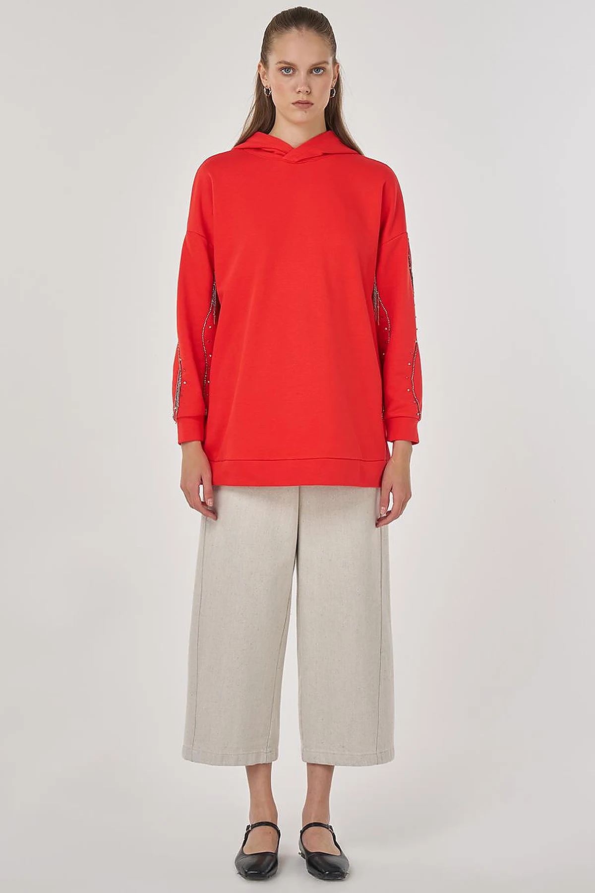 Hooded Three-Thread Sweatshirt in Red