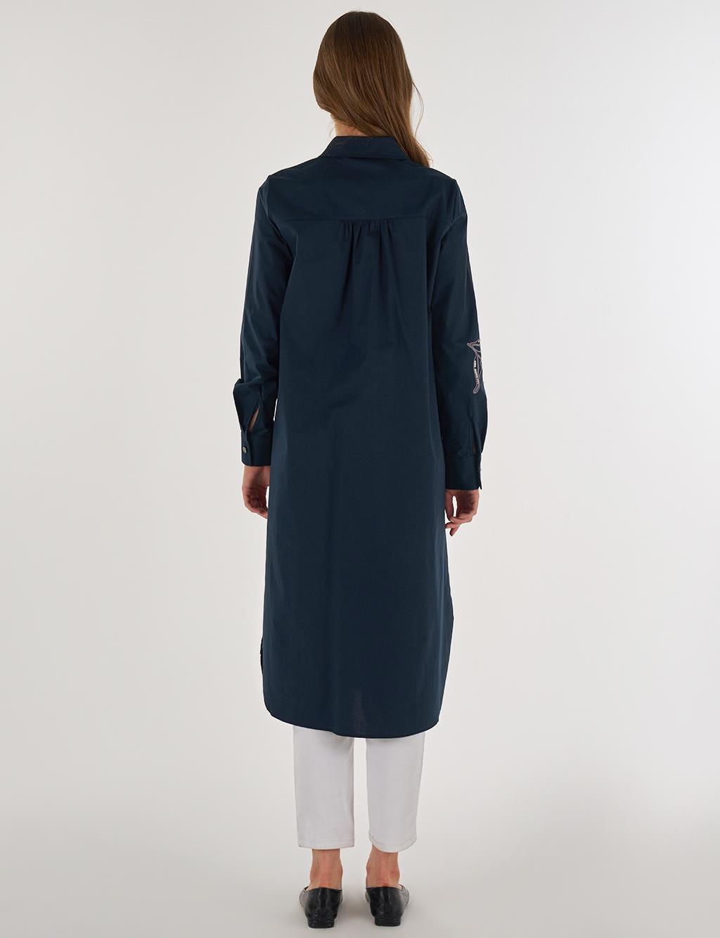 Nakış İşlemeli Pamuklu Uzun Tunik Koyu Lacivert 