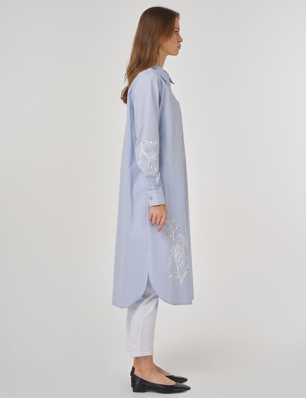 Nakış İşlemeli Pamuklu Uzun Tunik Mavi 