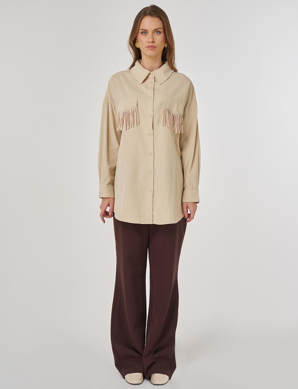 Püskül Detaylı Kadife Tunik Krem