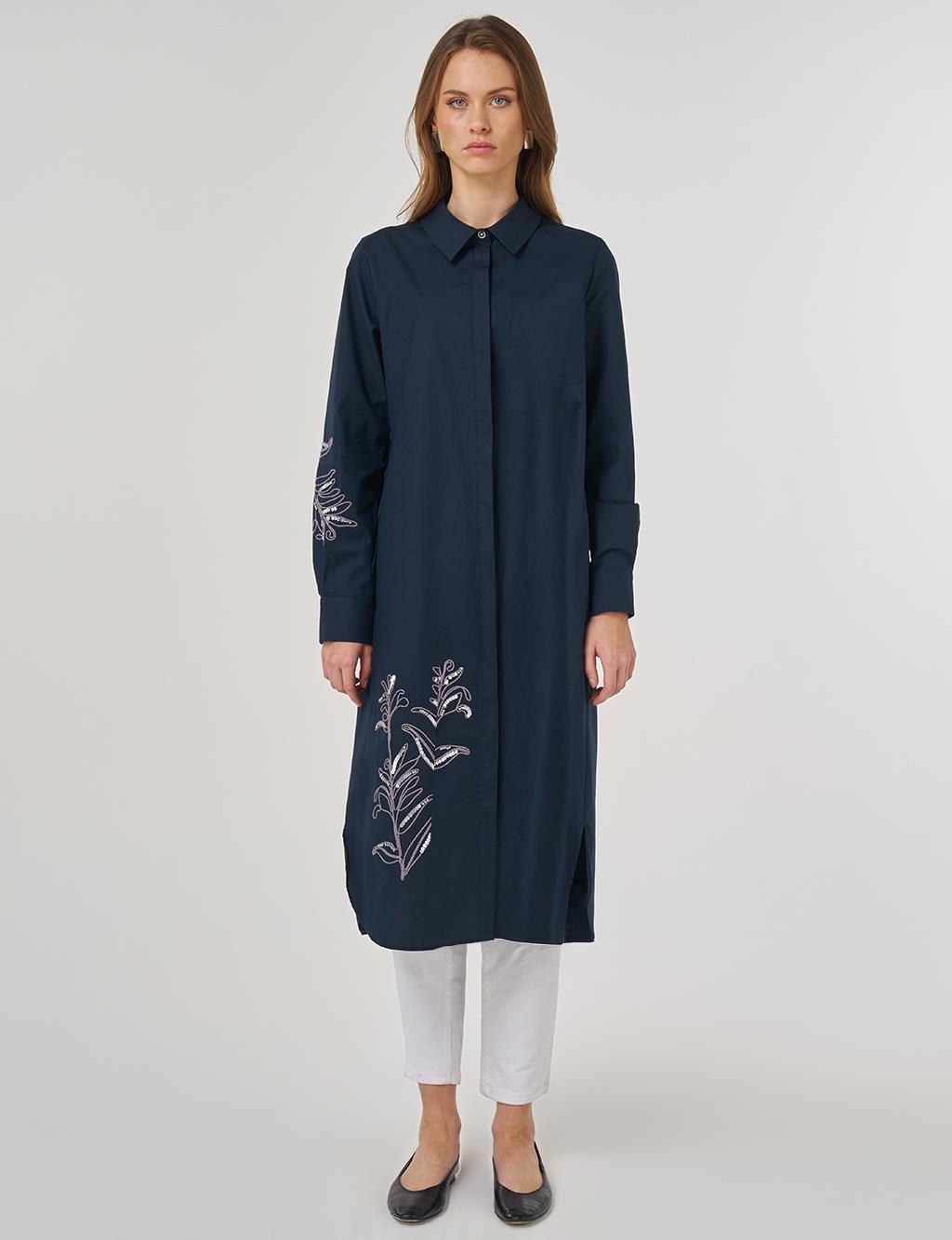 Nakış İşlemeli Pamuklu Uzun Tunik Koyu Lacivert 