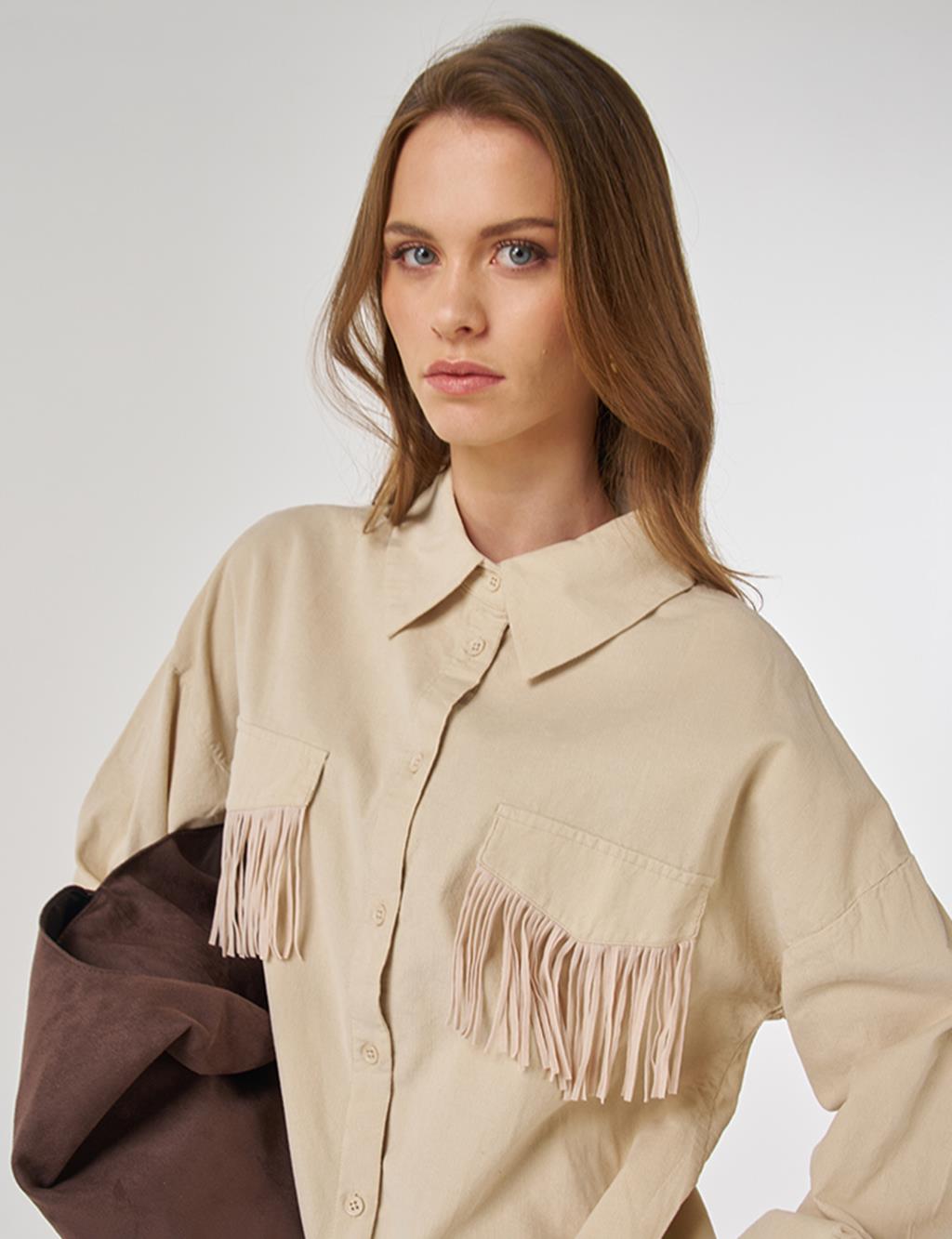 Püskül Detaylı Kadife Tunik Krem