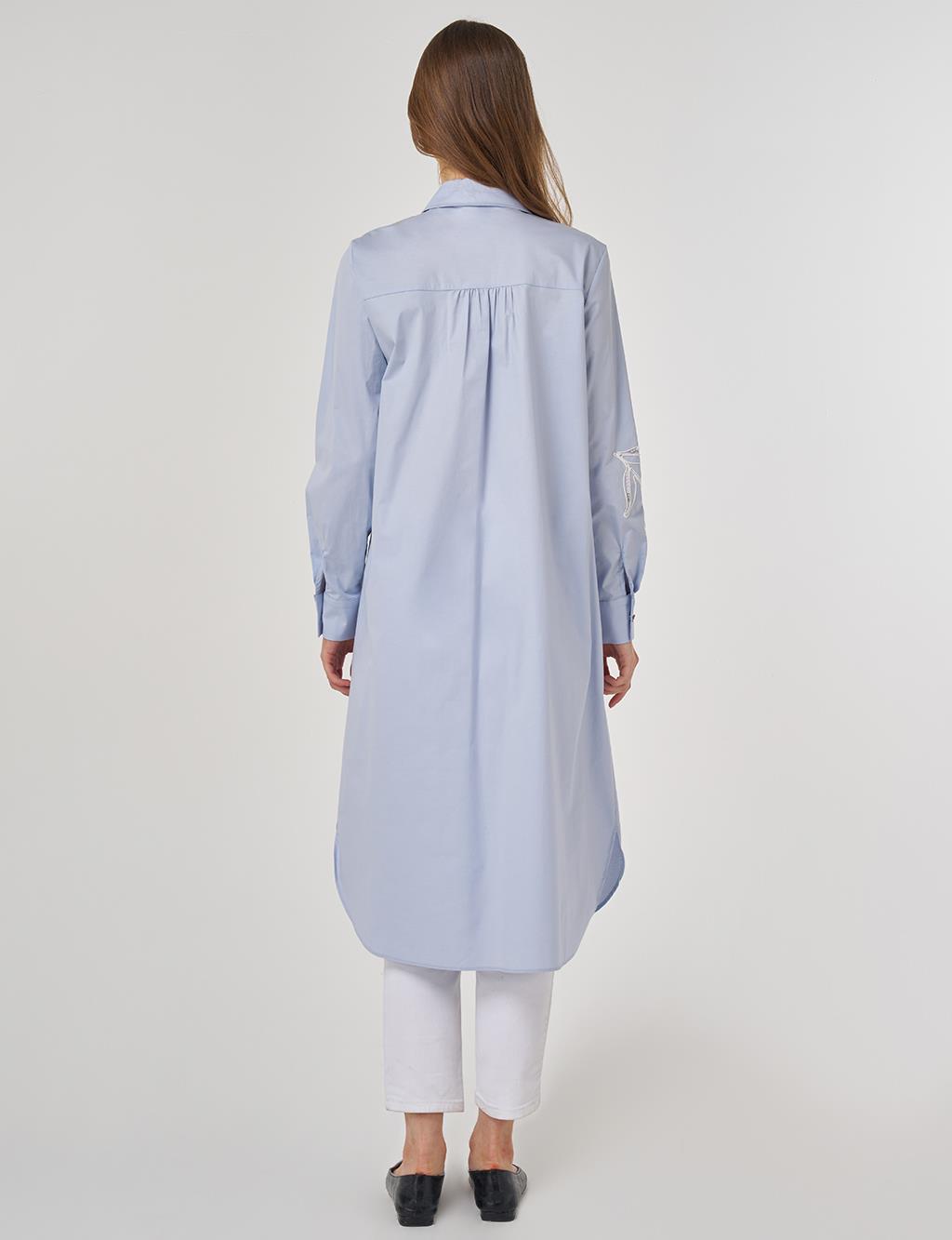 Nakış İşlemeli Pamuklu Uzun Tunik Mavi 
