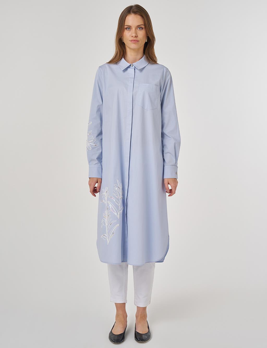 Nakış İşlemeli Pamuklu Uzun Tunik Mavi 