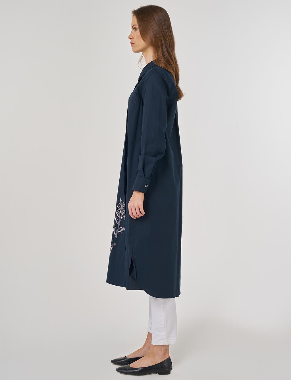 Nakış İşlemeli Pamuklu Uzun Tunik Koyu Lacivert 