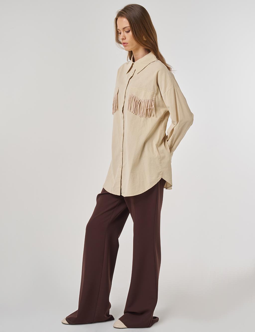 Püskül Detaylı Kadife Tunik Krem