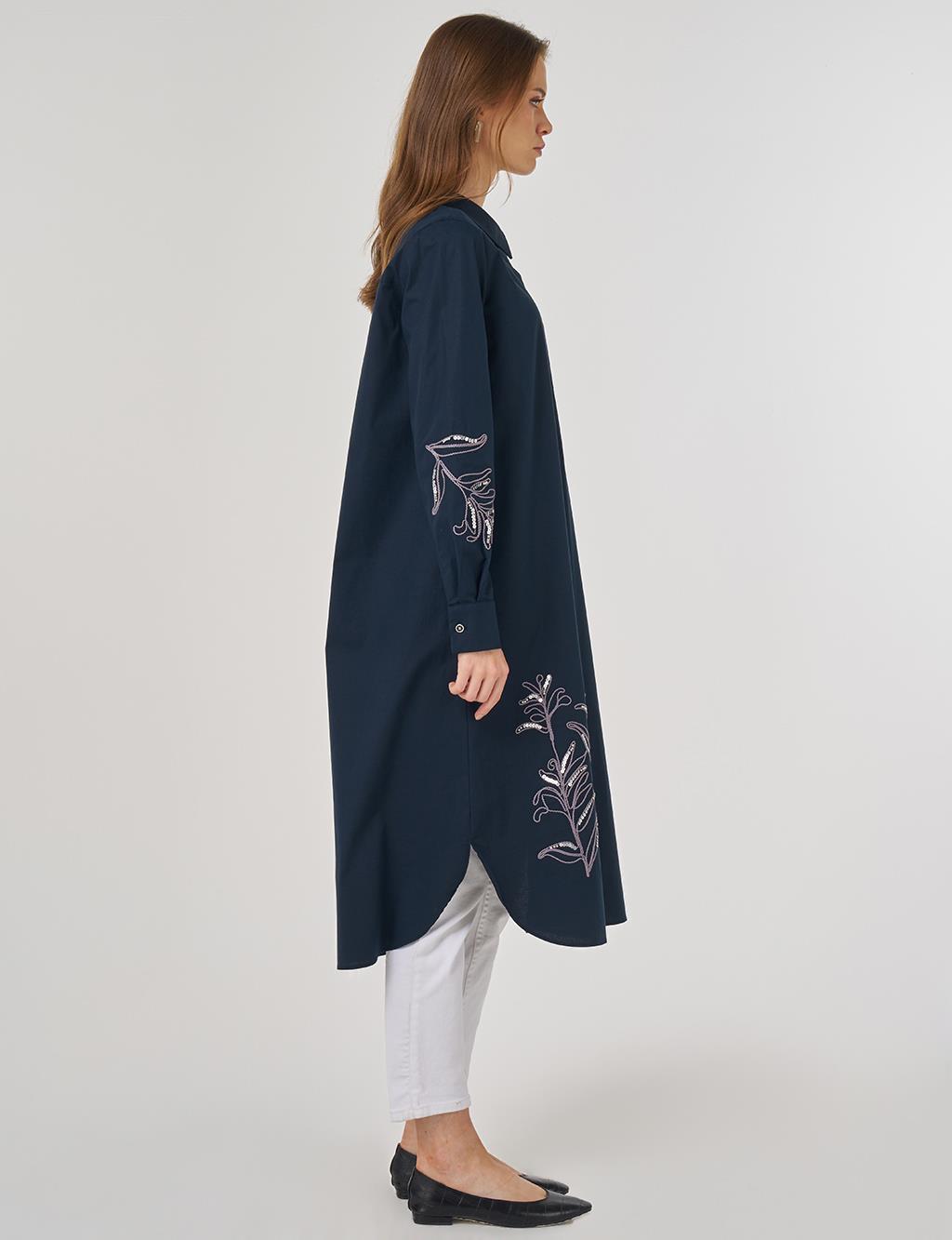 Nakış İşlemeli Pamuklu Uzun Tunik Koyu Lacivert 