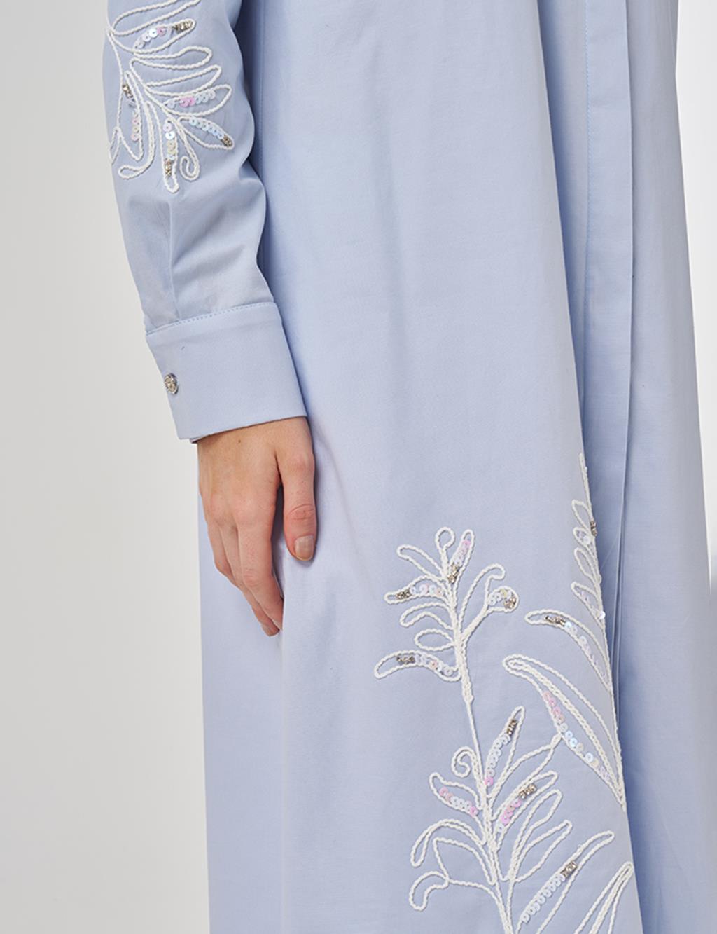Nakış İşlemeli Pamuklu Uzun Tunik Mavi 