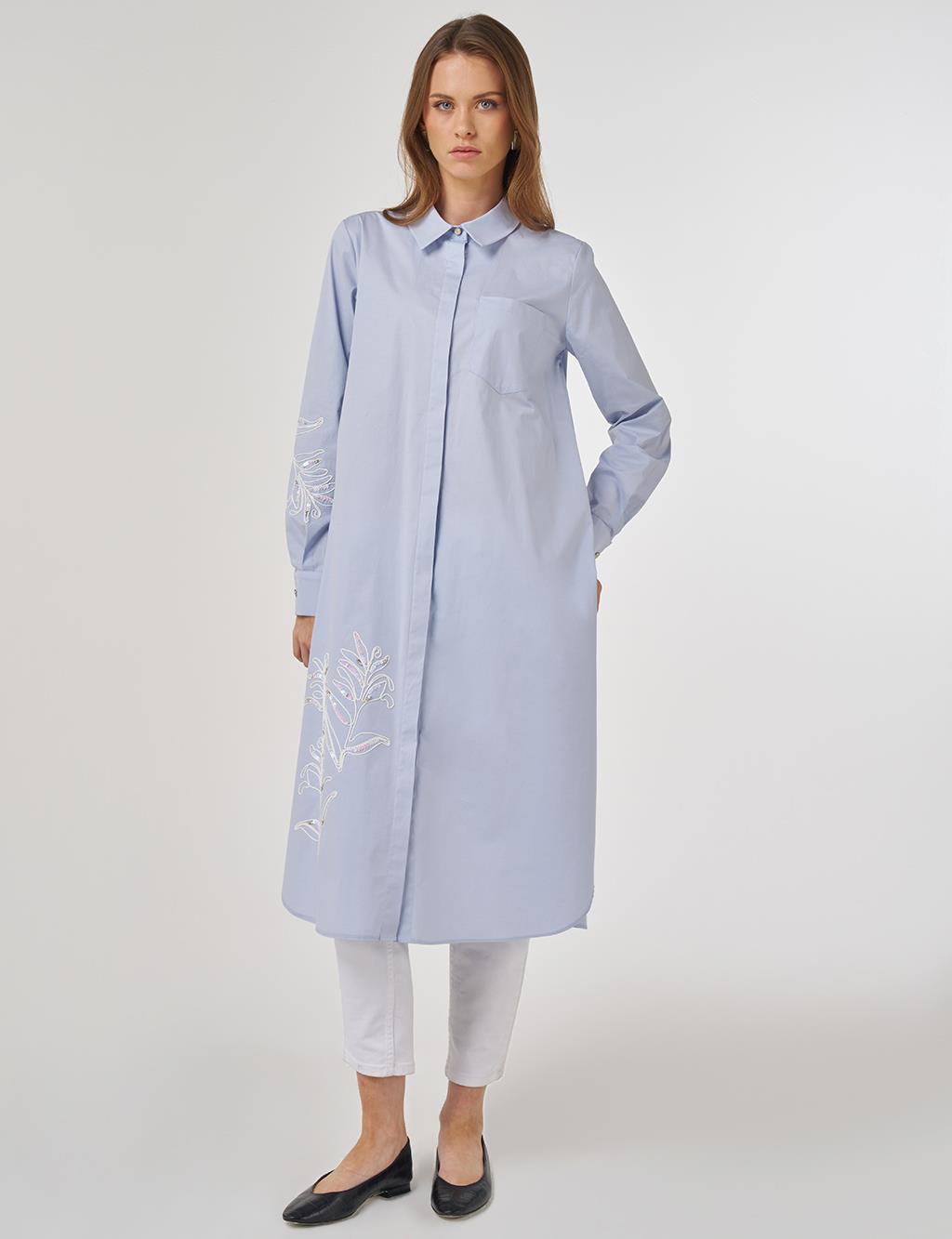 Nakış İşlemeli Pamuklu Uzun Tunik Mavi 