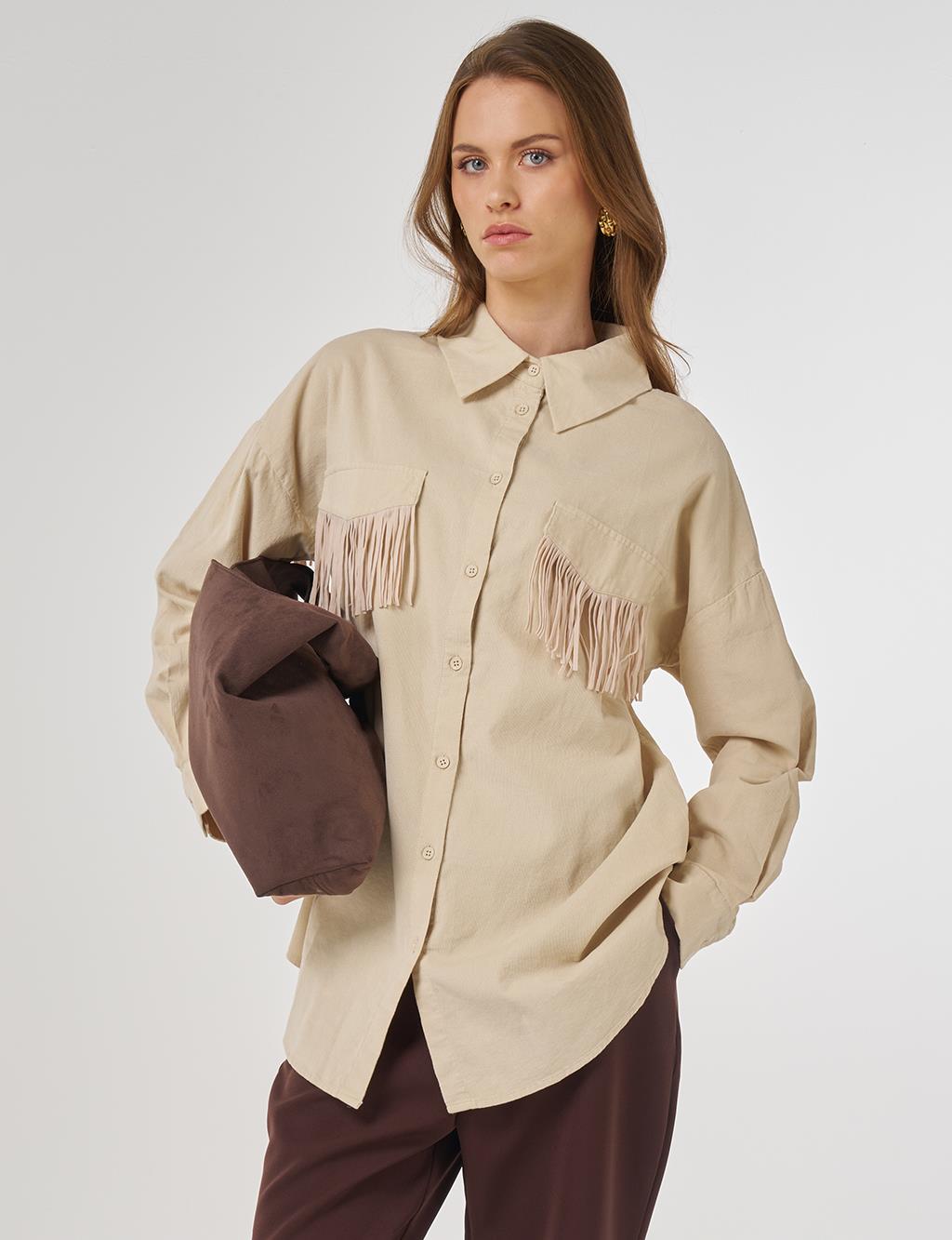 Püskül Detaylı Kadife Tunik Krem