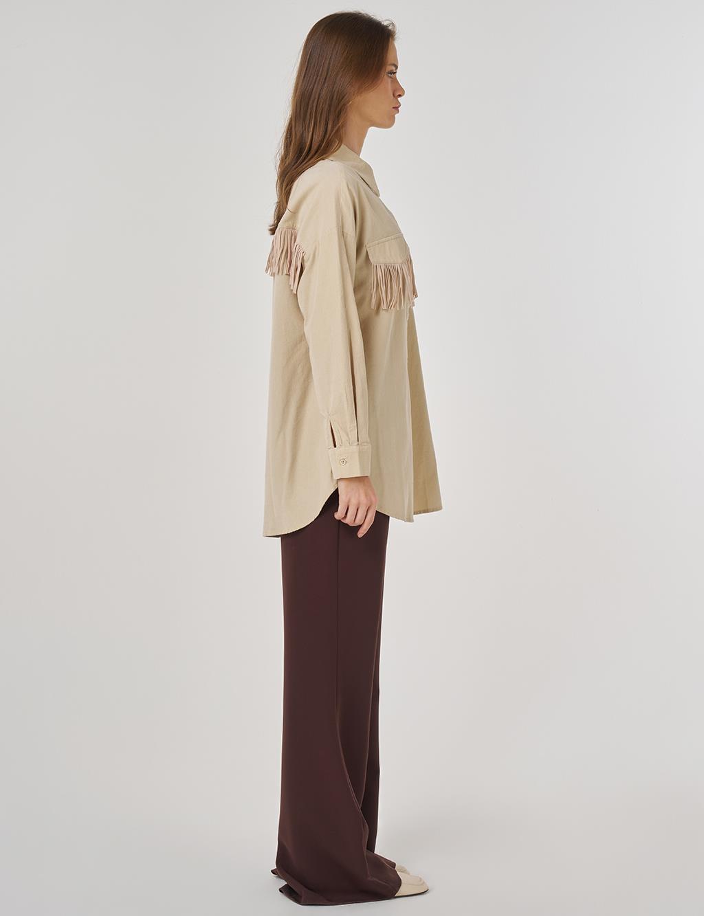 Püskül Detaylı Kadife Tunik Krem