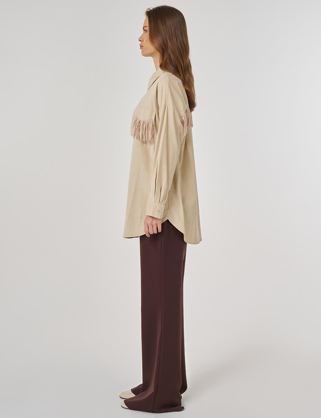 Püskül Detaylı Kadife Tunik Krem
