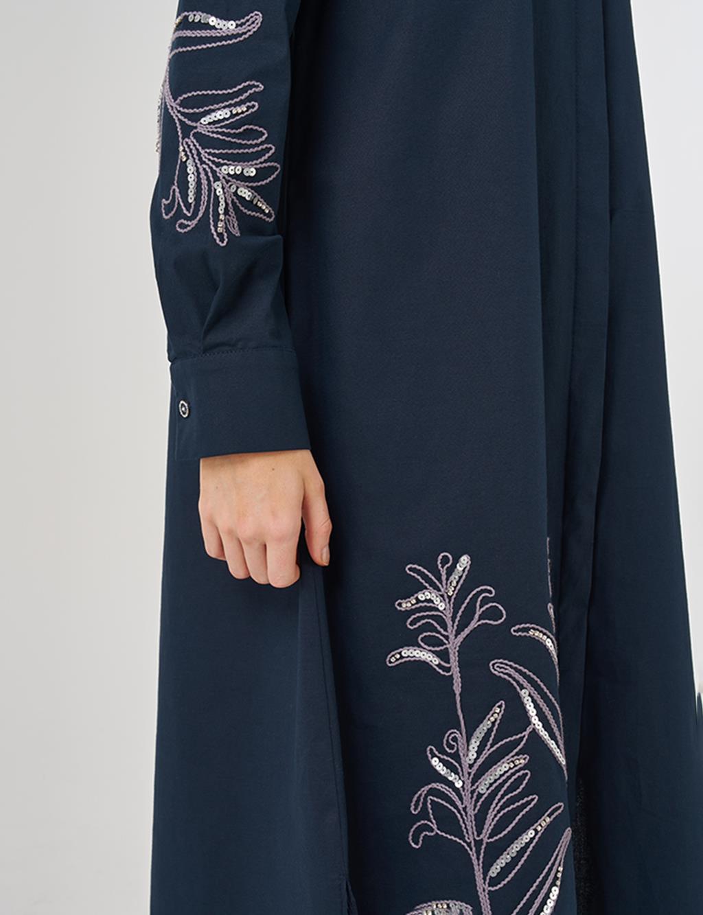 Nakış İşlemeli Pamuklu Uzun Tunik Koyu Lacivert 