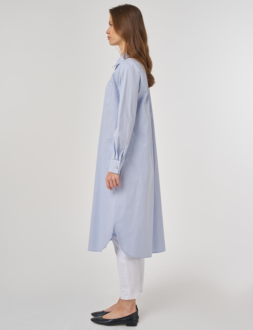 Nakış İşlemeli Pamuklu Uzun Tunik Mavi 