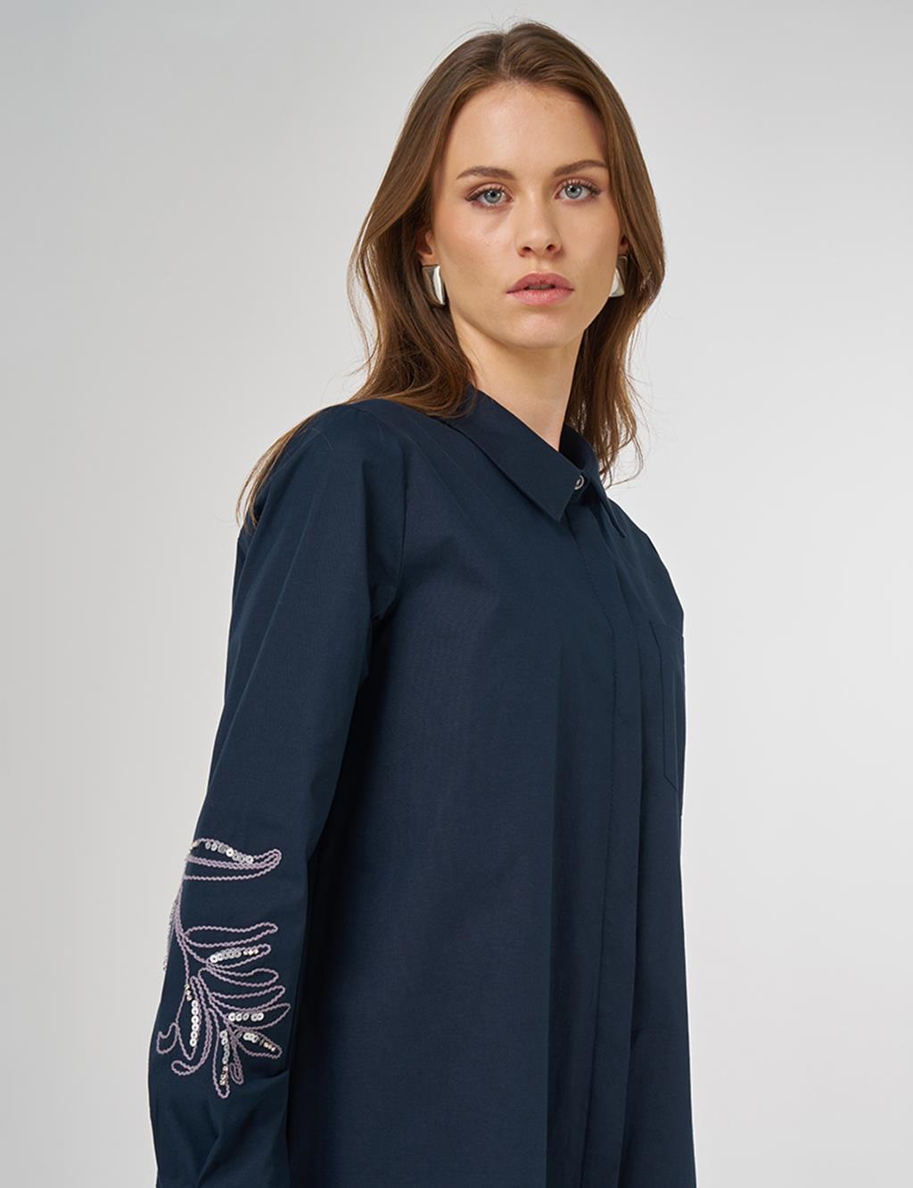 Nakış İşlemeli Pamuklu Uzun Tunik Koyu Lacivert 