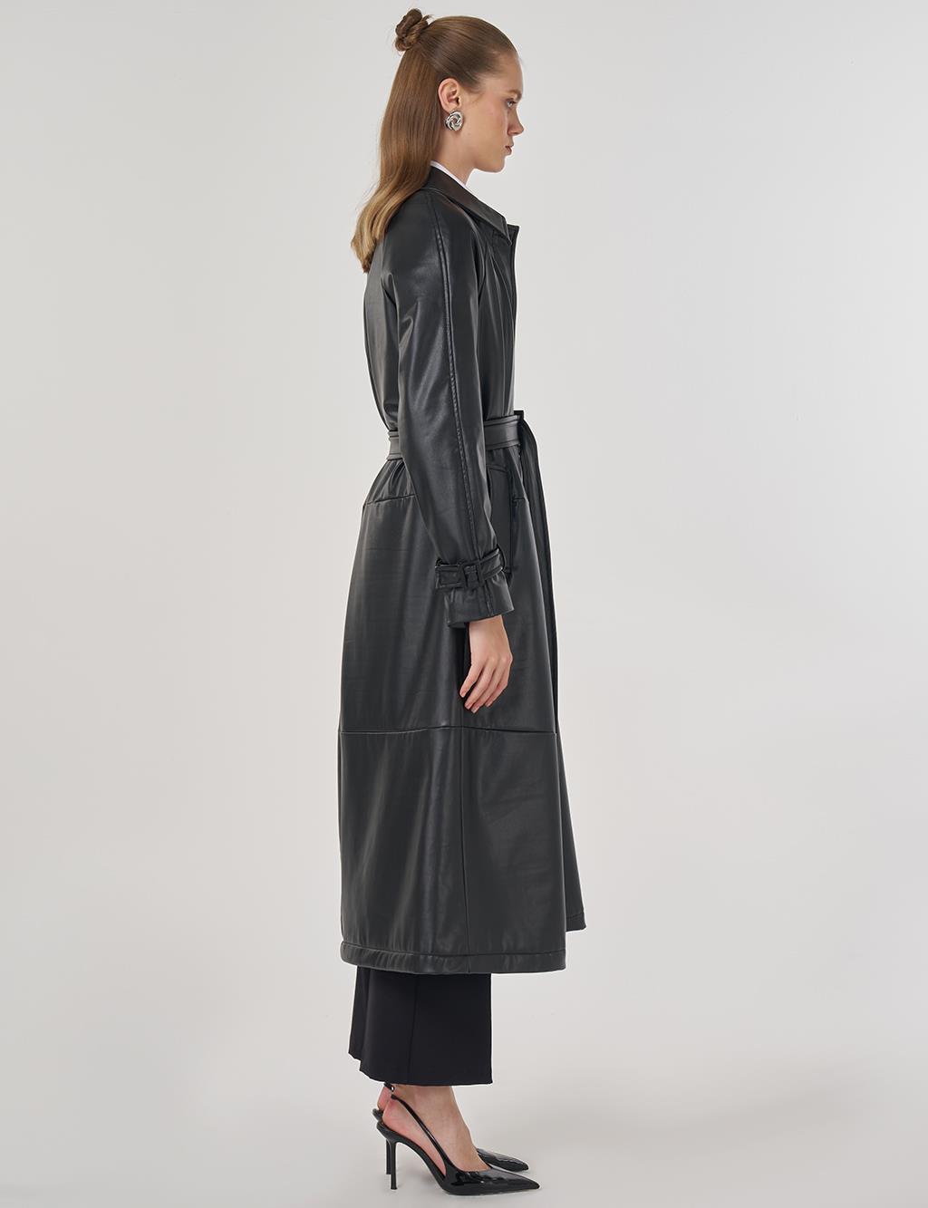 Faux Leather Trench Coat with Stitching Details in Black