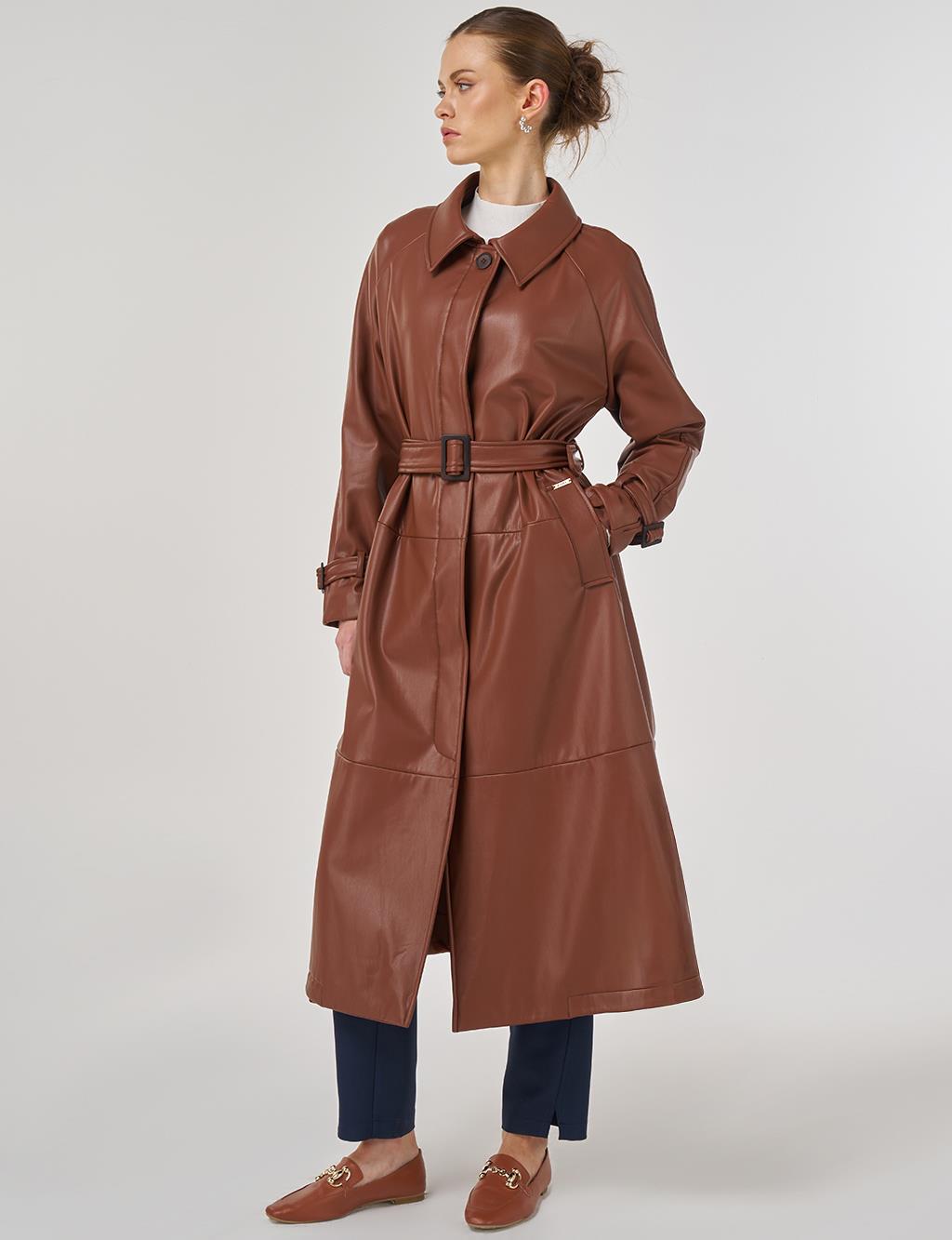 Faux Leather Trench Coat with Stitching Details in Tan