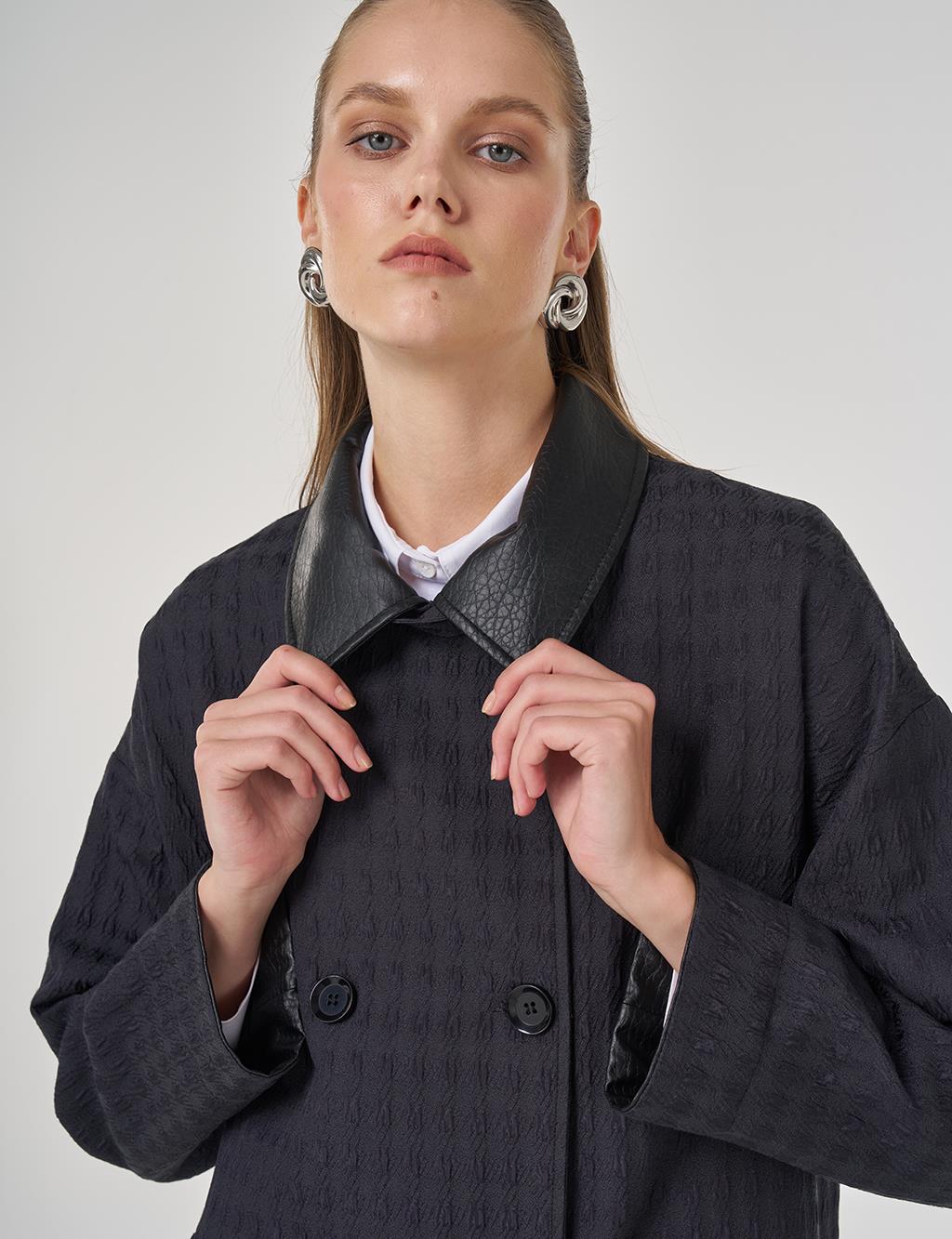 Şömizye Yaka Kaz Ayağı Desen Trençkot Siyah