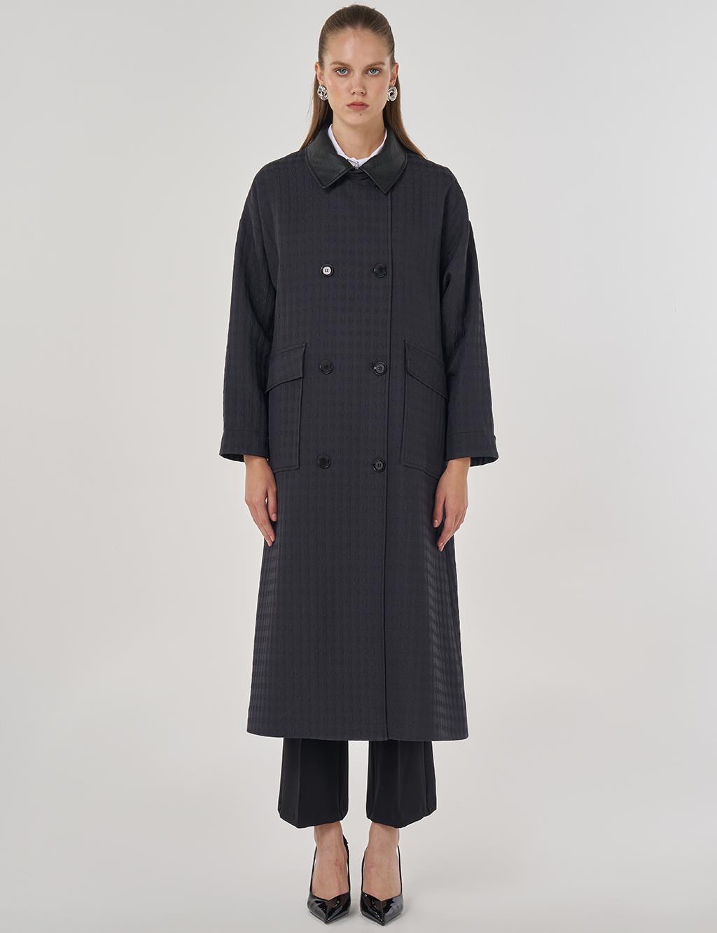 Şömizye Yaka Kaz Ayağı Desen Trençkot Siyah