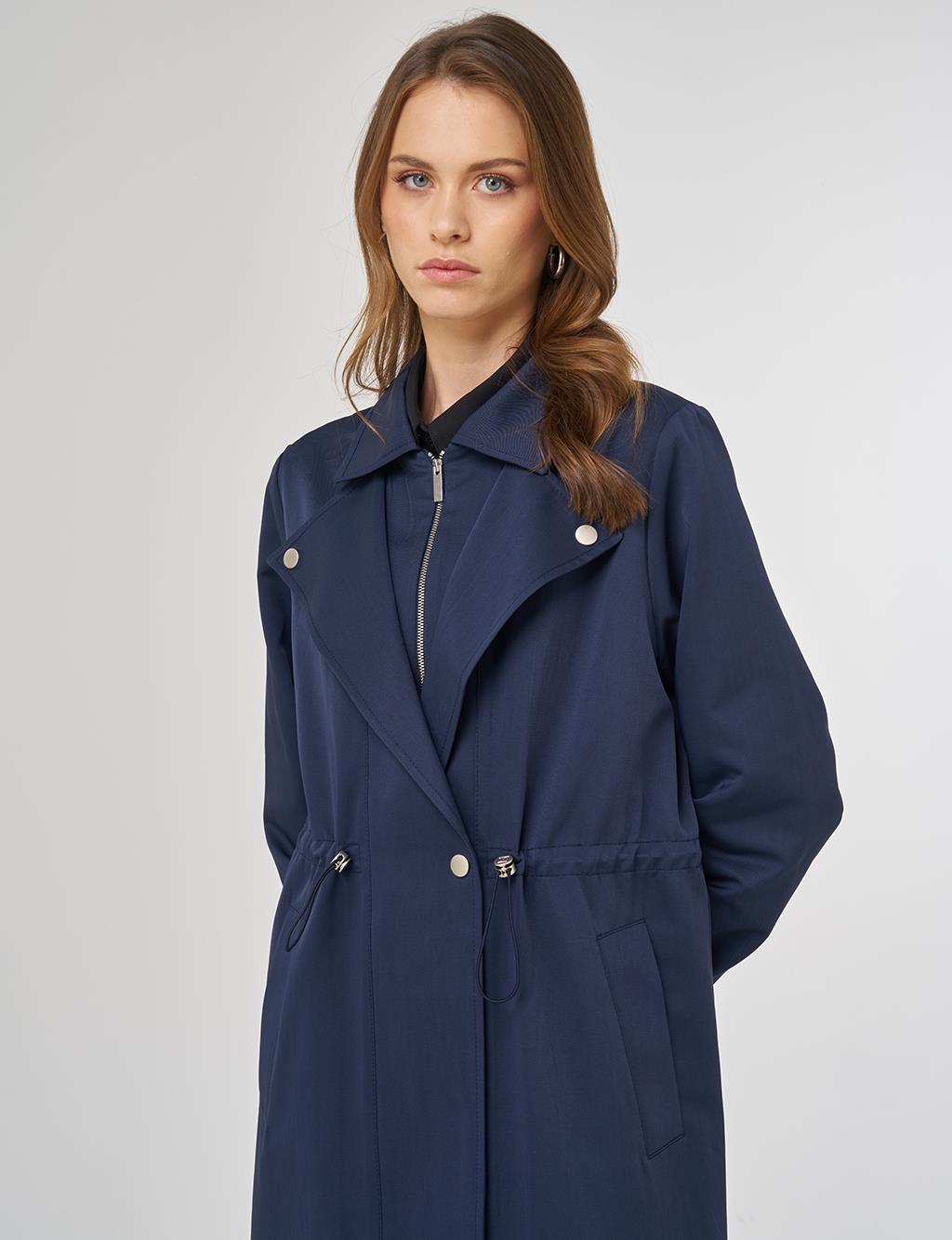 Drawstring Waist Overcoat in Dark Navy