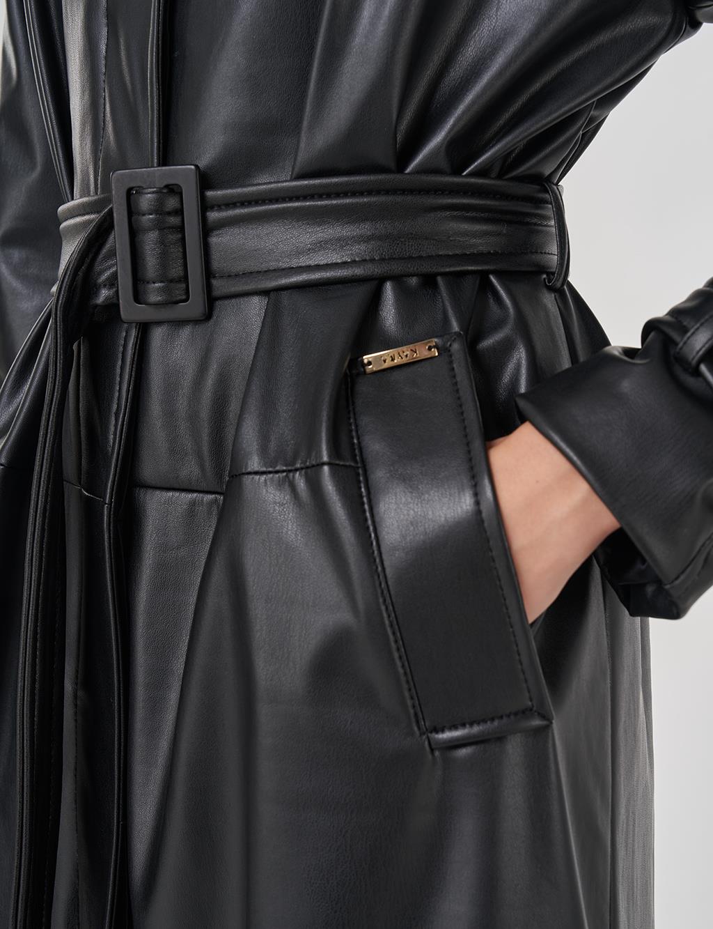 Faux Leather Trench Coat with Stitching Details in Black