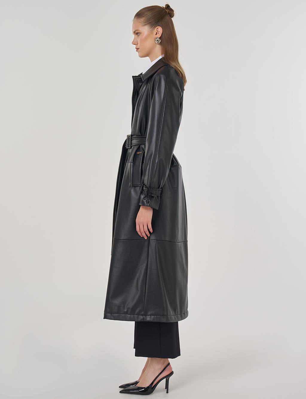 Faux Leather Trench Coat with Stitching Details in Black