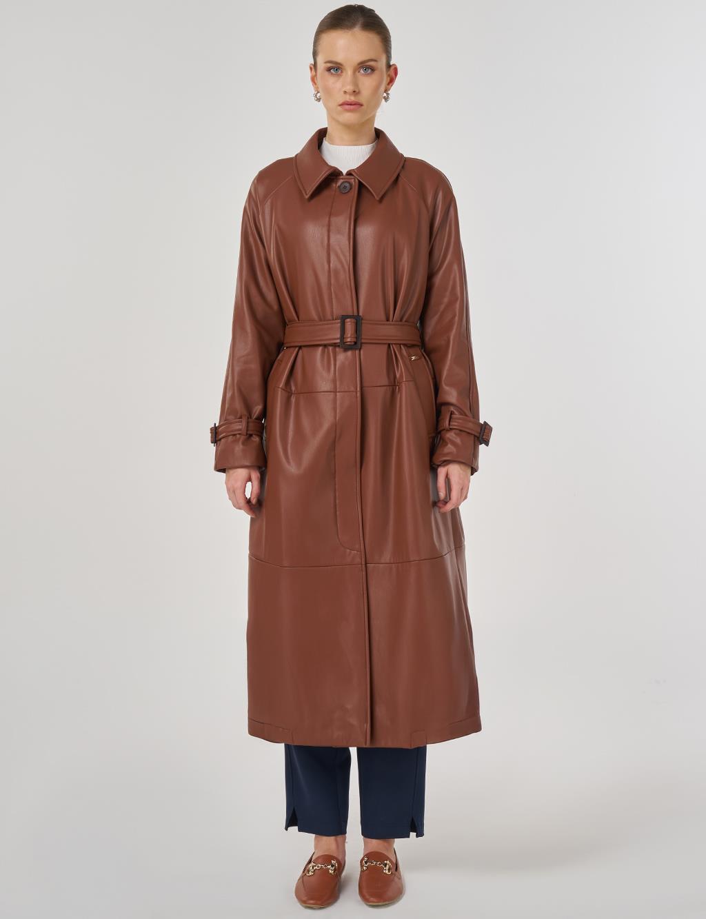 Faux Leather Trench Coat with Stitching Details in Tan