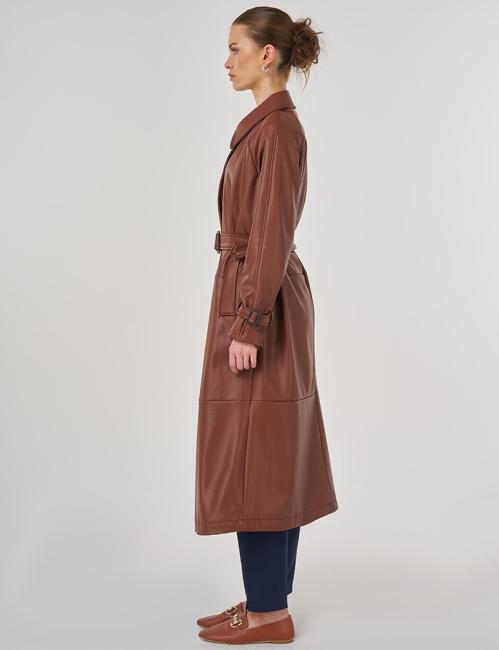 Faux Leather Trench Coat with Stitching Details in Tan