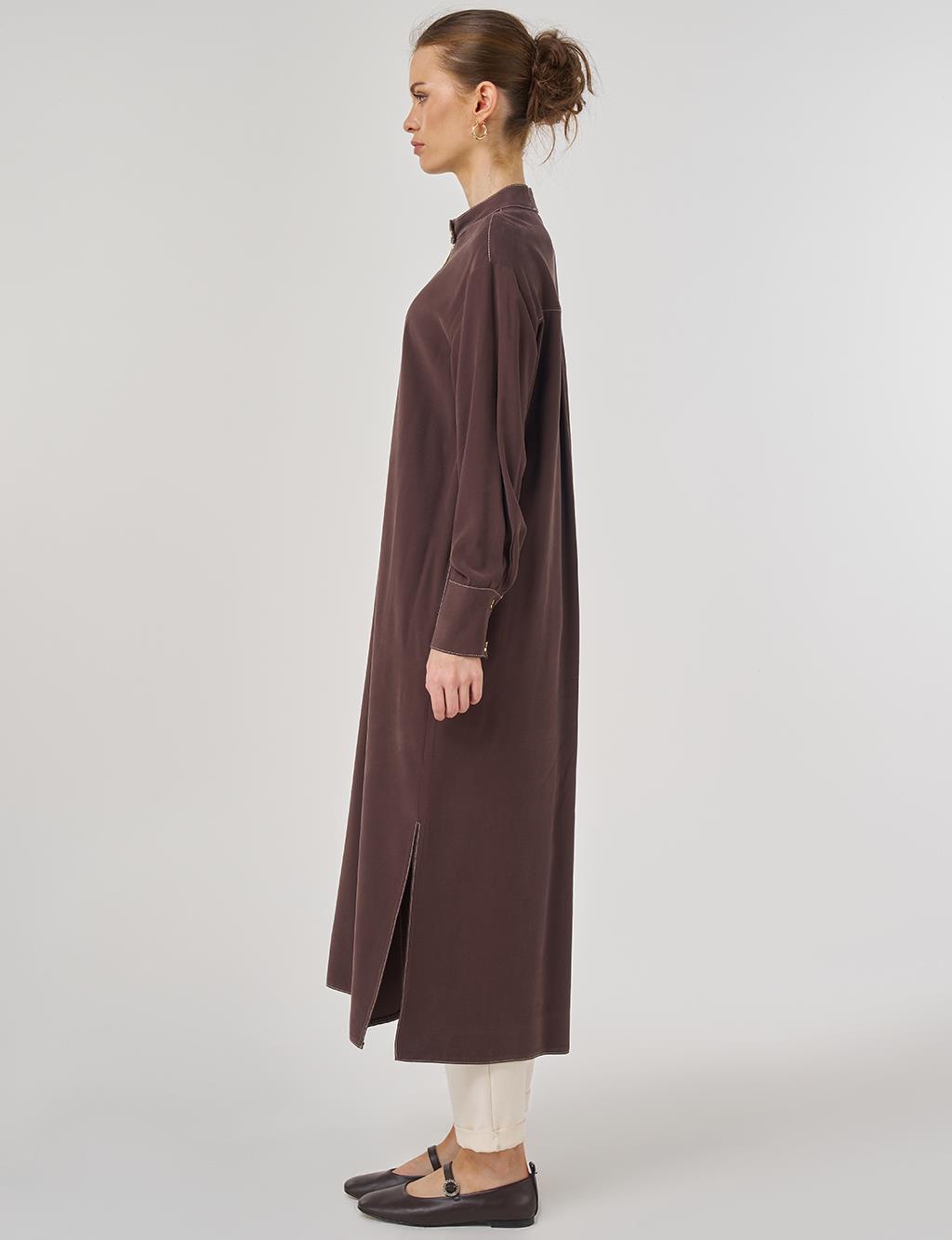 Zipper Detailed Long Tunic in Dark Brown
