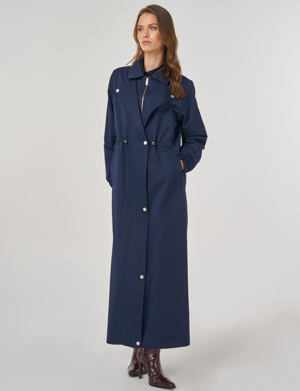 Drawstring Waist Overcoat in Dark Navy