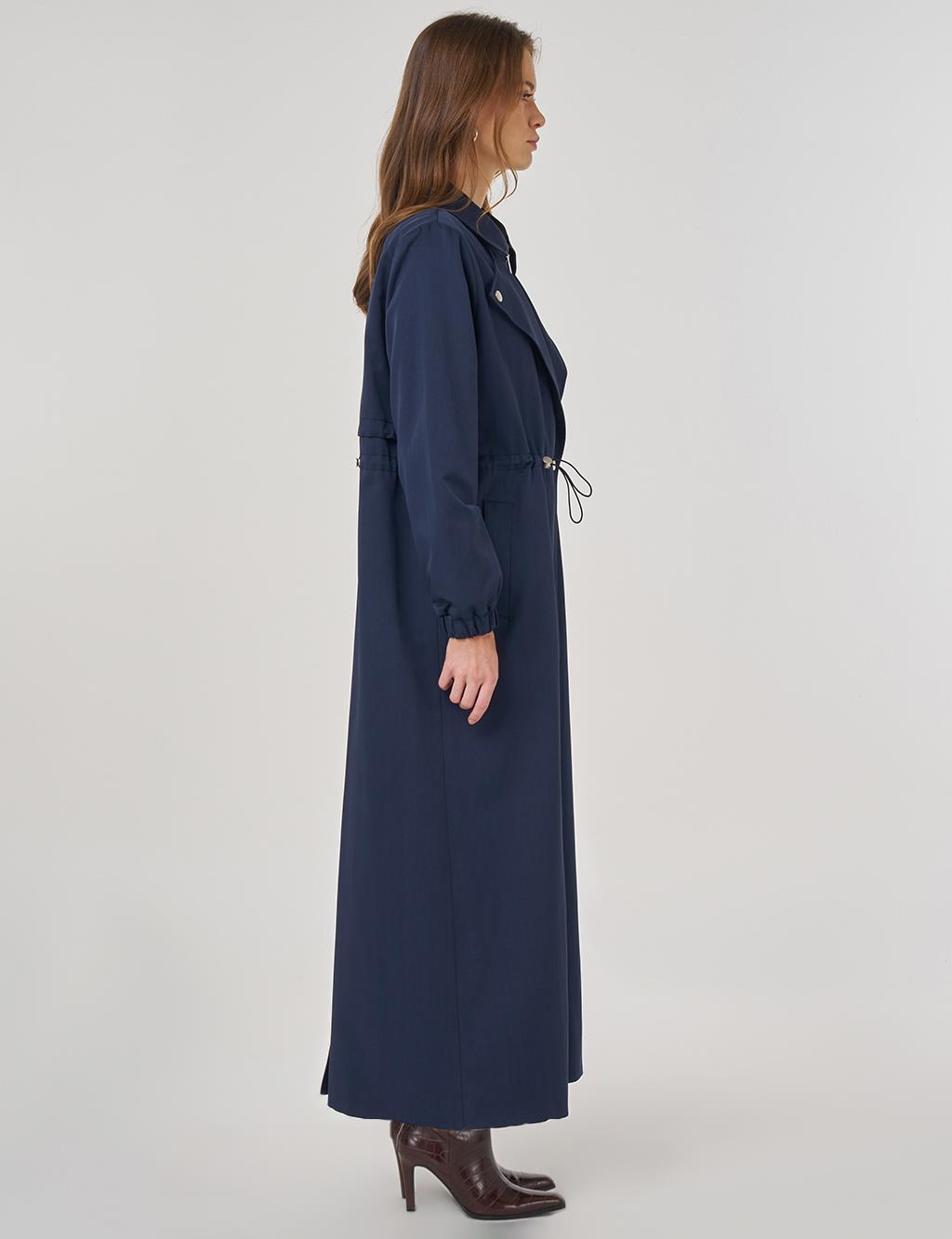 Drawstring Waist Overcoat in Dark Navy