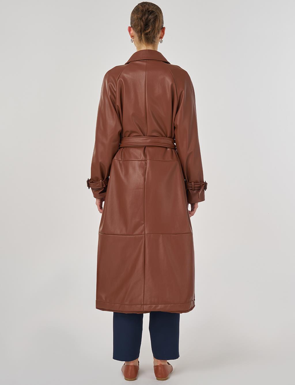 Faux Leather Trench Coat with Stitching Details in Tan
