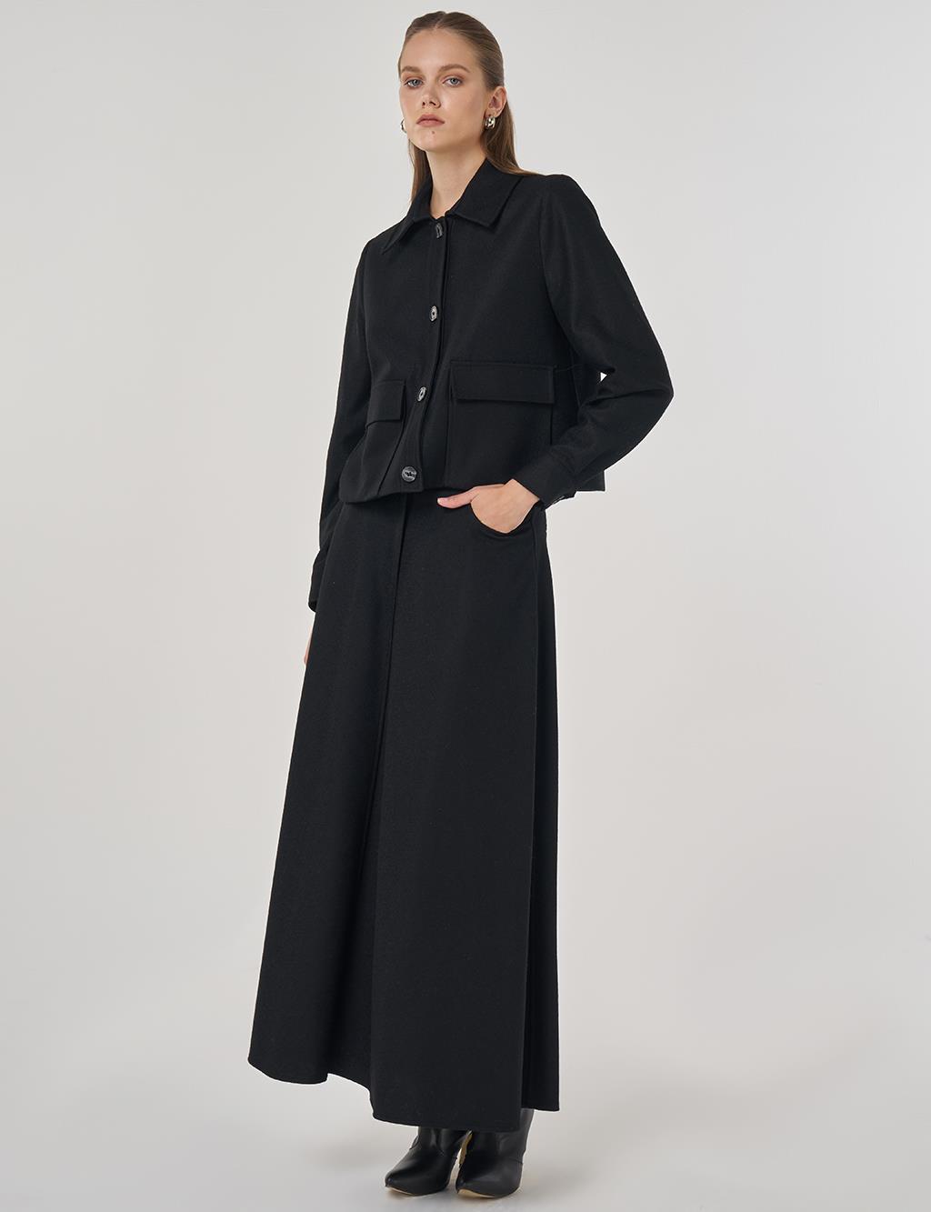 Torba Cep Detaylı Yün Etekli Takım Siyah