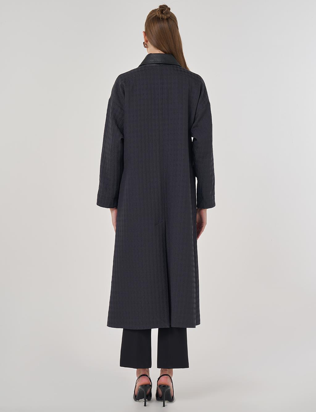 Şömizye Yaka Kaz Ayağı Desen Trençkot Siyah