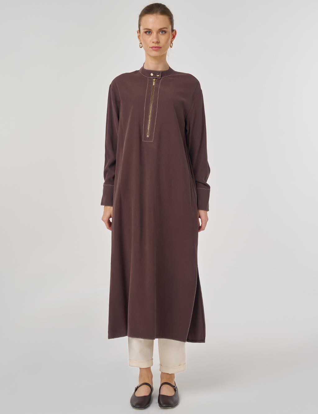 Zipper Detailed Long Tunic in Dark Brown