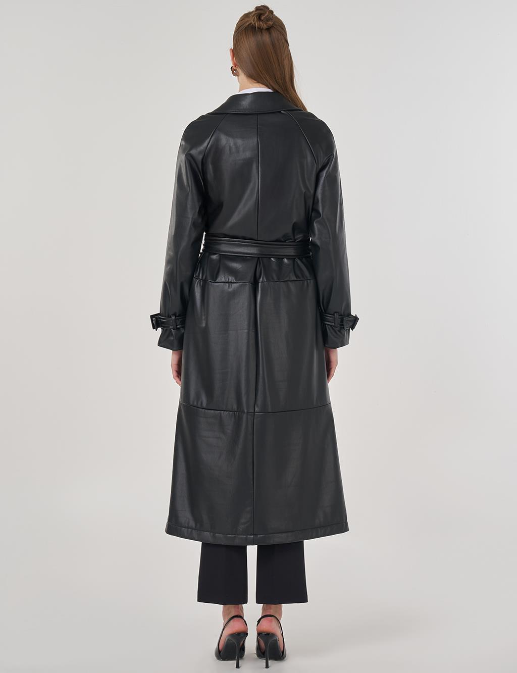 Faux Leather Trench Coat with Stitching Details in Black