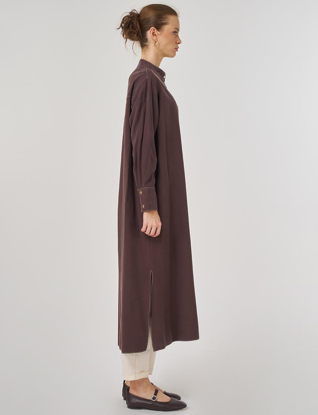 Zipper Detailed Long Tunic in Dark Brown