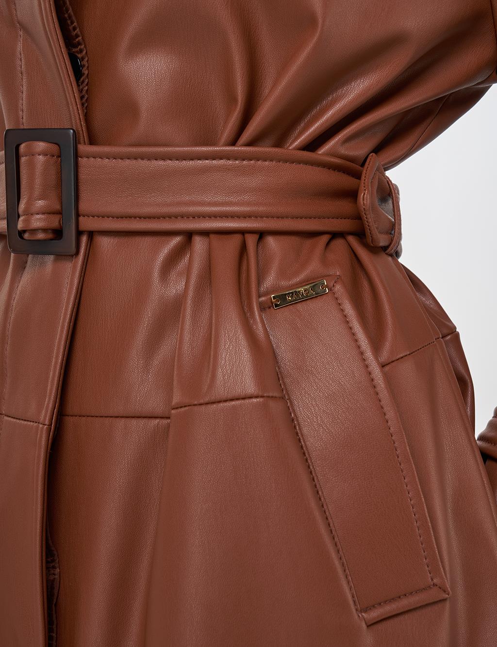 Faux Leather Trench Coat with Stitching Details in Tan