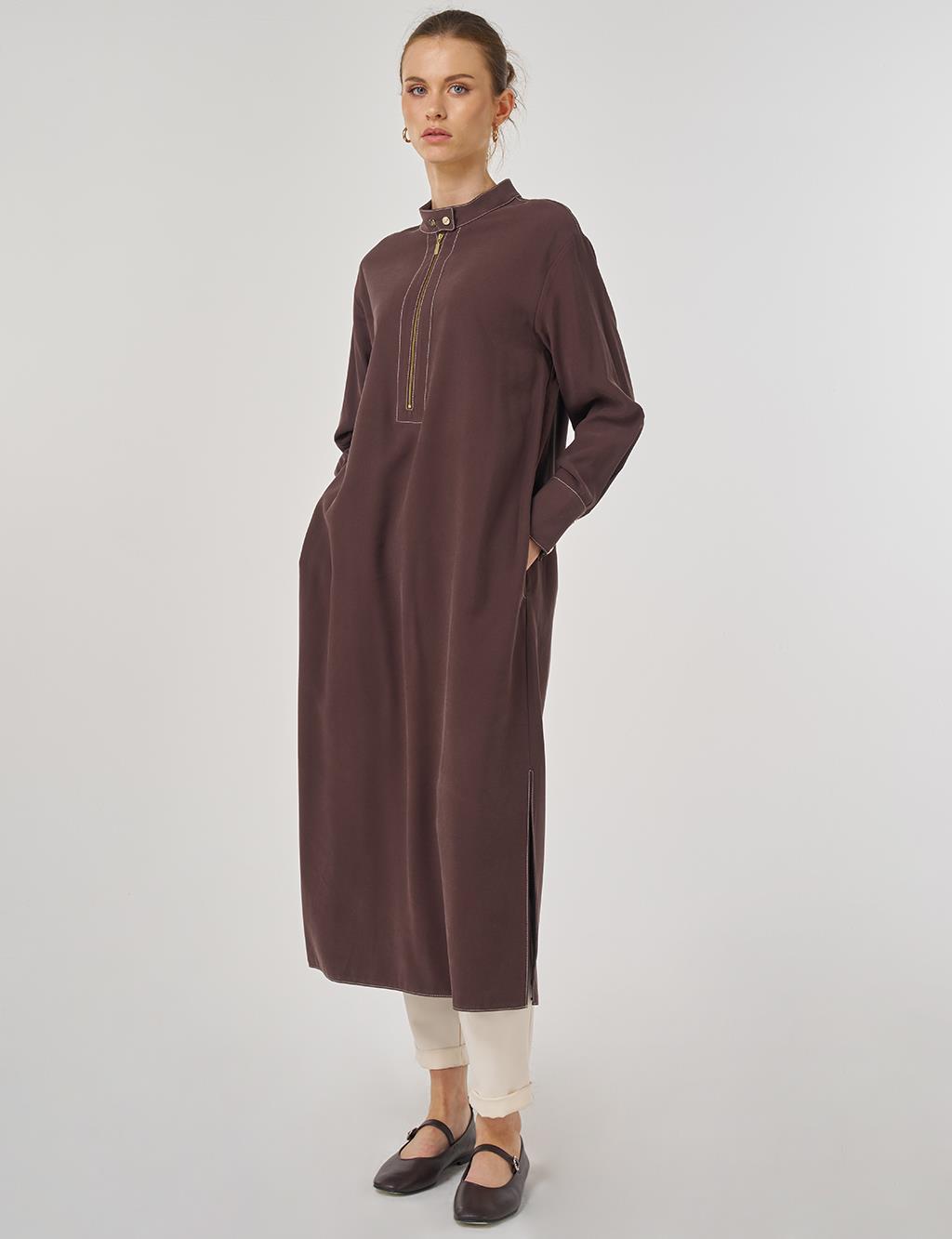 Zipper Detailed Long Tunic in Dark Brown