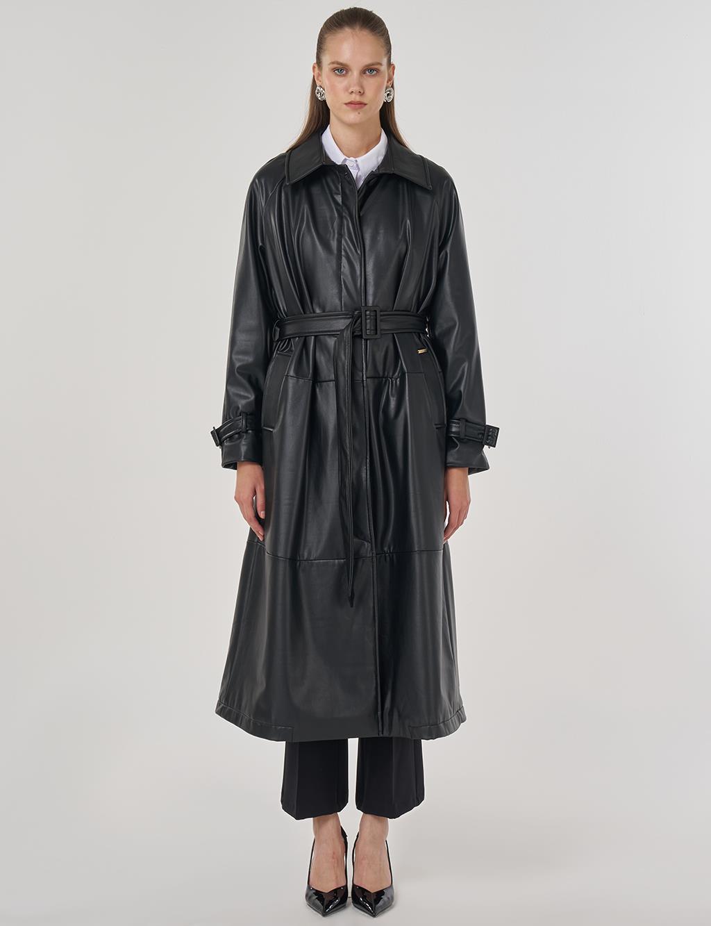 Faux Leather Trench Coat with Stitching Details in Black