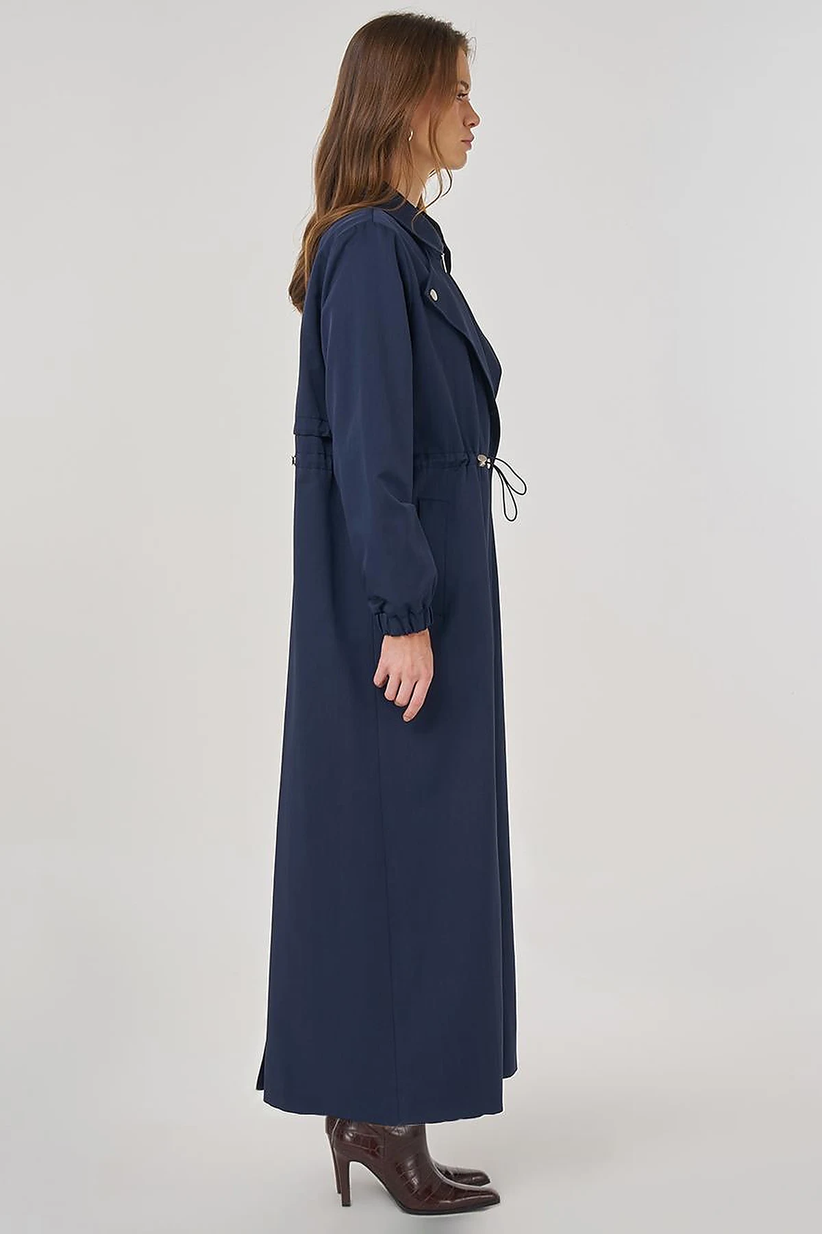 Drawstring Waist Overcoat in Dark Navy