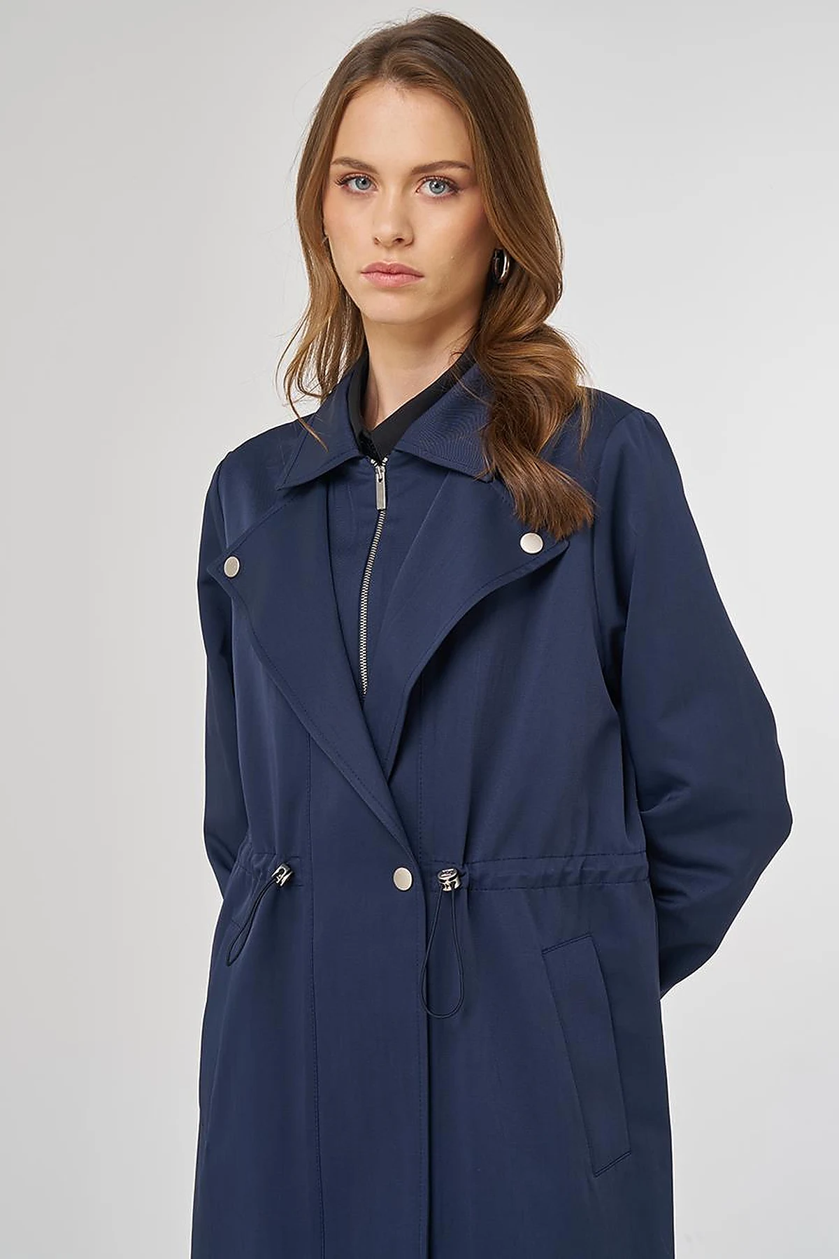 Drawstring Waist Overcoat in Dark Navy