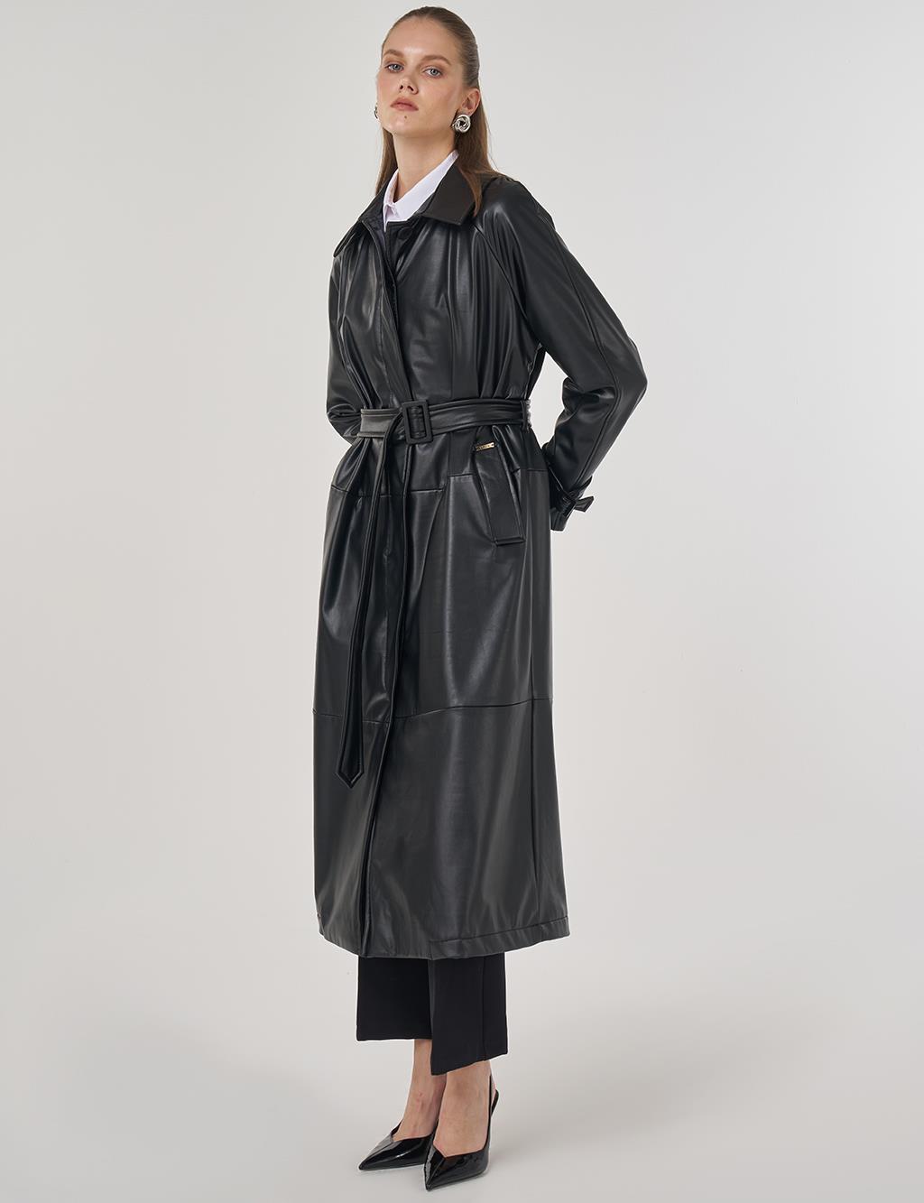 Faux Leather Trench Coat with Stitching Details in Black