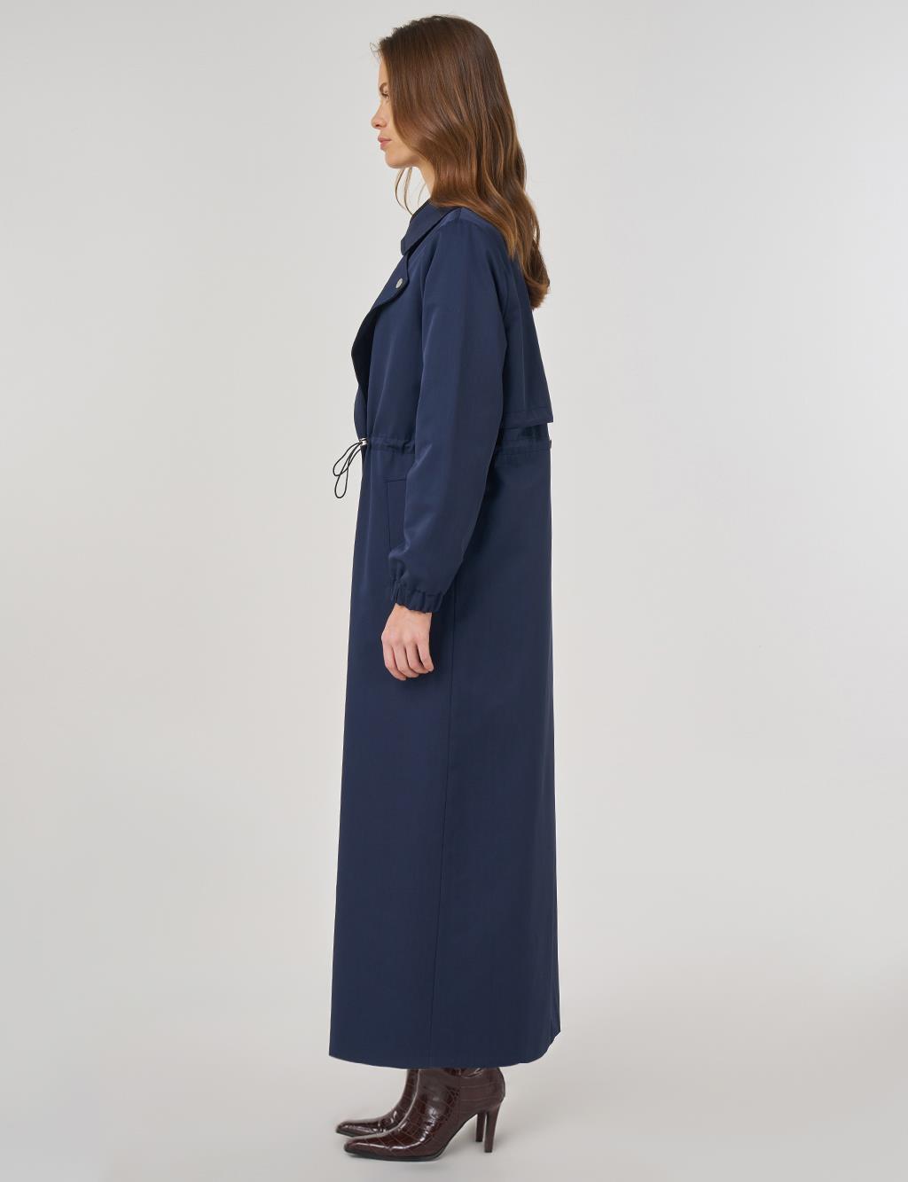 Drawstring Waist Overcoat in Dark Navy